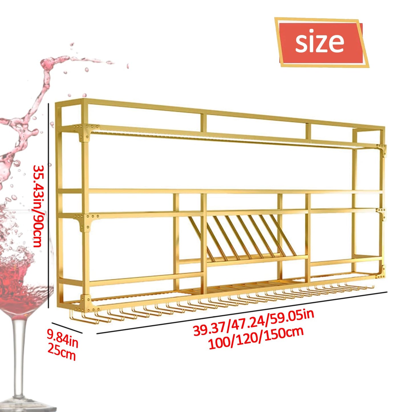 RAJYQODIS 59in Wall Mounted Wine Rack, Floating Industrial Liquor Glass Holder 3 Tiers, Large Metal Wine Bottle Display Rack Hanging Shelf, for Home Bar Dining Room Decorative
