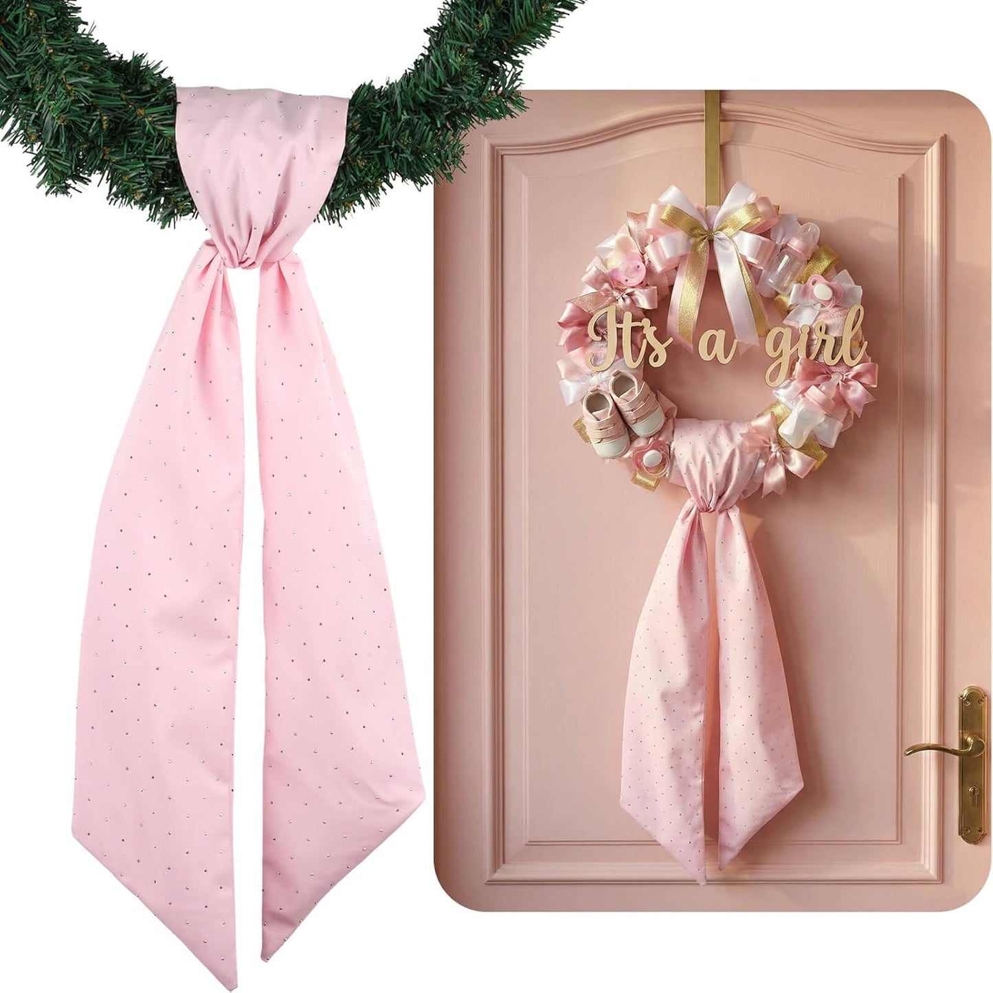 YKW Pink Rhinestone Wreath Sash - 54x5 Inch Sparkle Ribbon for Baby Shower & Wedding Decor