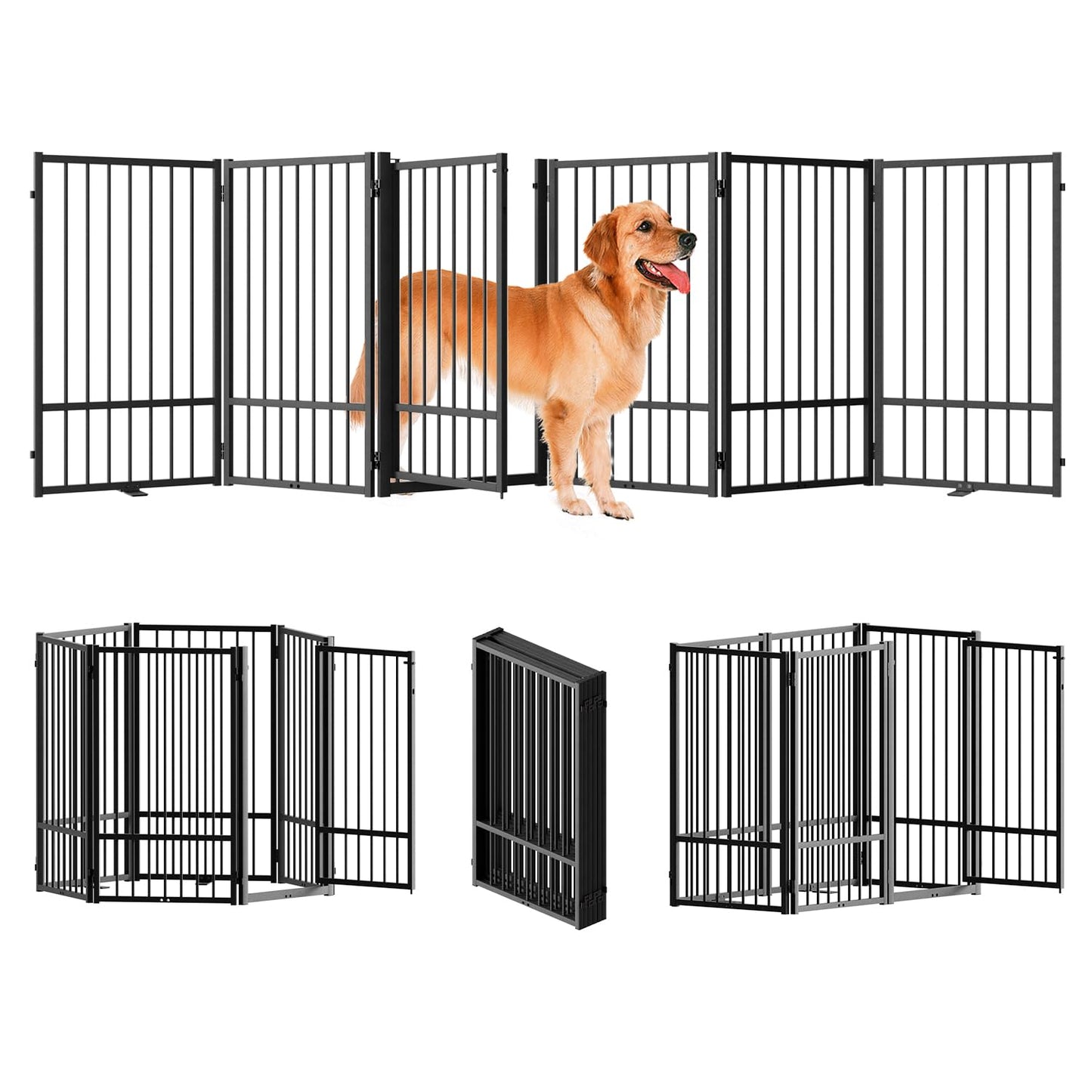 SNUOWU Full Metal Freestanding Dog Gate with Door, 36''Height Foldable Pet Dog Fence for Indoor & Outdoor, 6 Panels Extra Wide Free Standing TallDog Gates for Doorways,House,Stairs,Porch,Deck,Yard