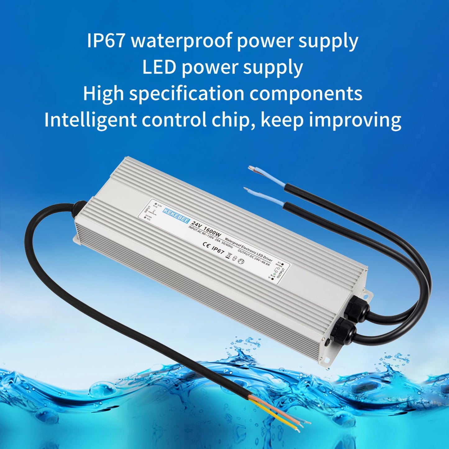 KEKEBEE LED Driver 24V1600W Waterproof Power Supply AC 90-130V to DC 24V66.6A Waterproof Switching Power Supply IP67 Transformer Suitable for Indoor and Outdoor LED Lighting and Any 24V DC Equipment