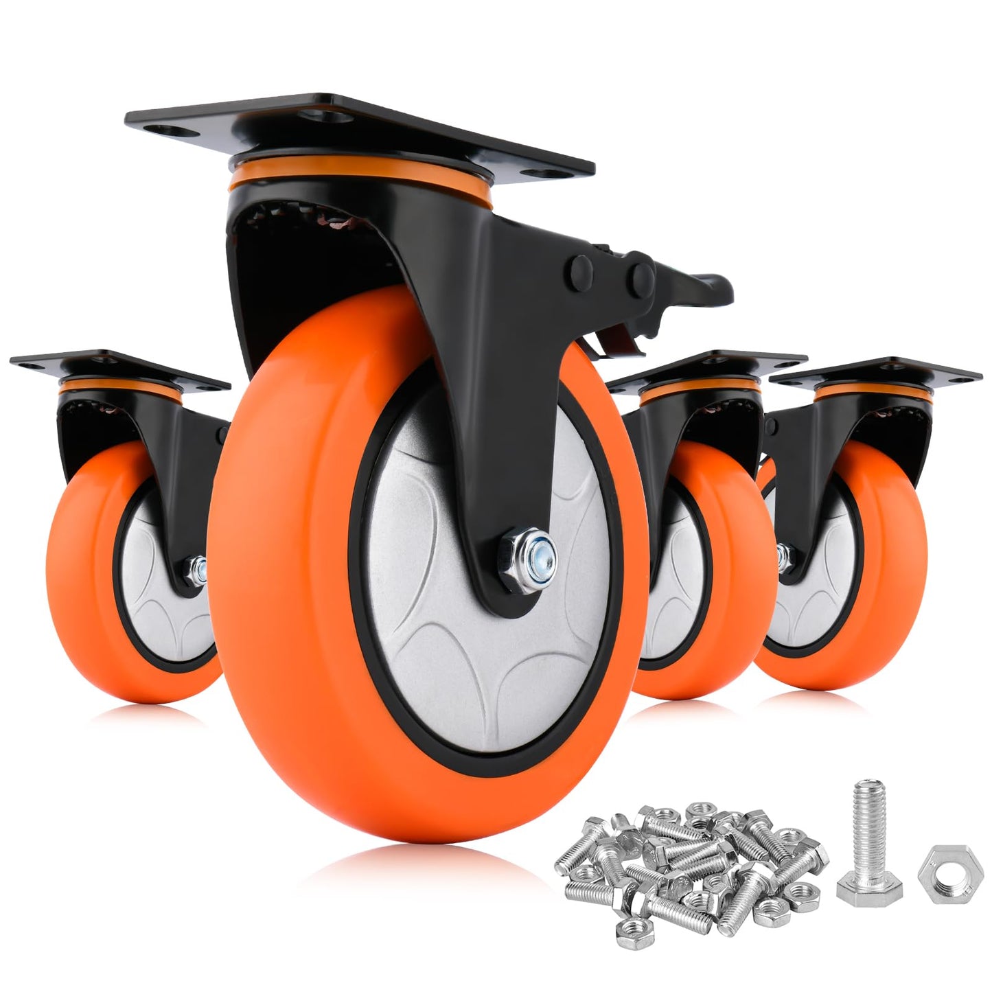 6 Inch Heavy Duty Swivel Caster Wheels with Brake - Set of 4, 3000 Lbs Capacity, PVC No Noise No Marking Wheels for Furniture, Carts, and Equipment (Includes Free Screws)