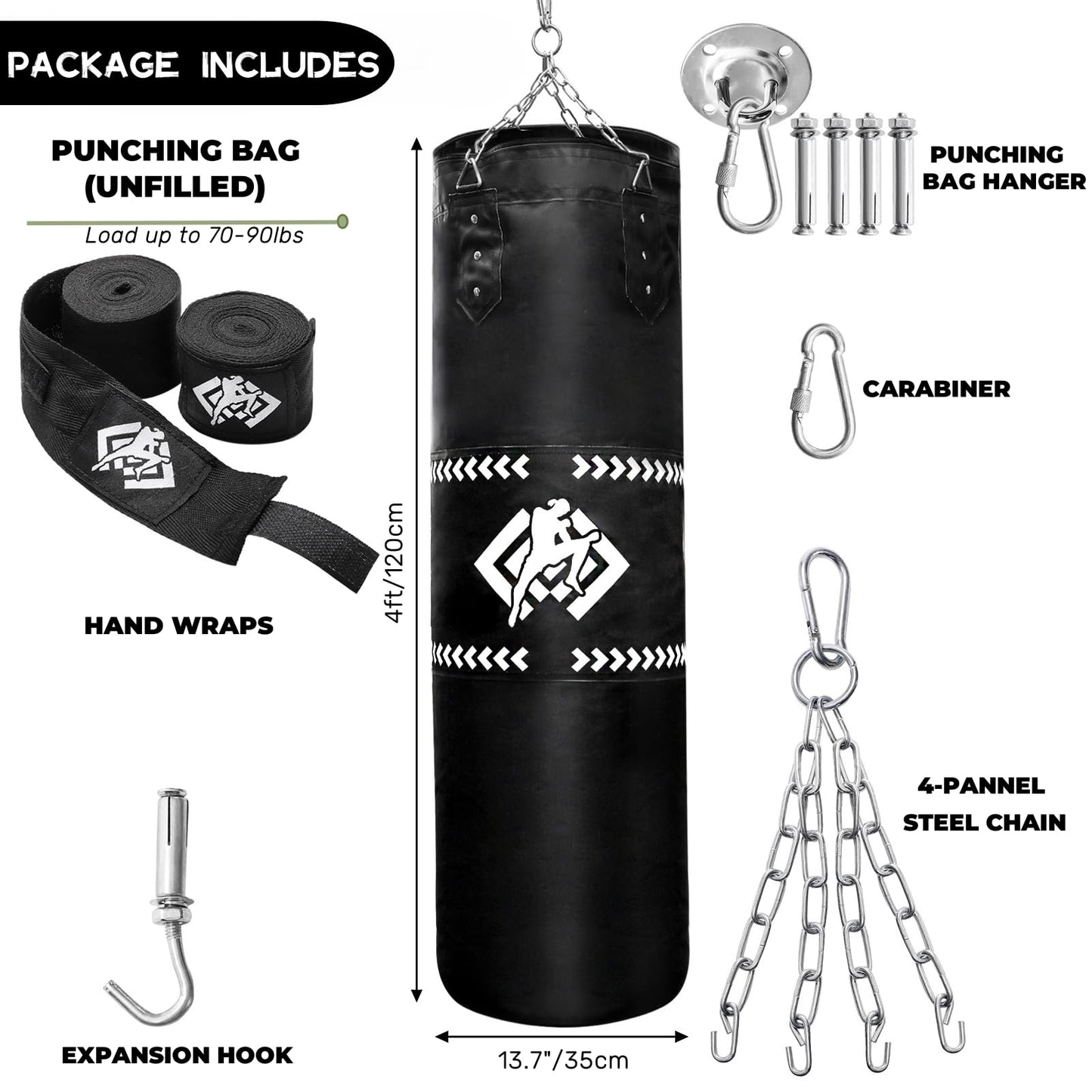 ZOOFOX Punching Bag for Adults, 4 Ft Heavy Bag with Chains and Hand Wraps for Beginners, 5-in-1 Boxing Bag for Kickboxing, MMA, Muay Thai, Karate, Home Gym or Fitness, Unfilled