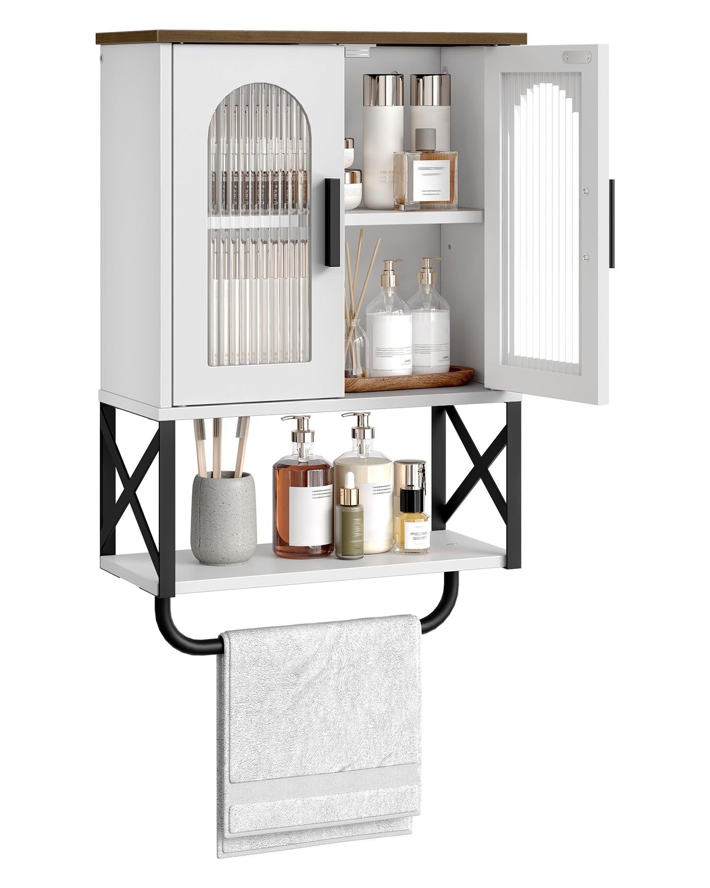 CHOEZON Bathroom Wall Cabinet, Medicine Cabinet with Adjustable Shelf and Towel Bar, Storage Cabinet Wall Mount with 2 Glass Doors, for Bathroom, Kitchen, Living Room, Dining Room, White and Walnut