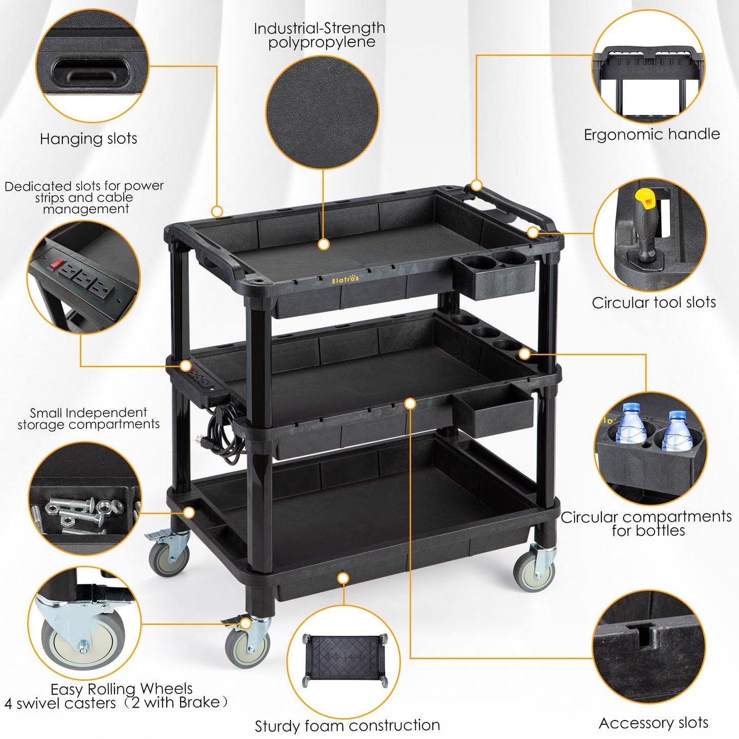 ELAFROS Multi-Use Rolling Cart with Power Strip – Industrial-Grade Plastic Utility Cart with 3 Deep Plastic Shelves, 500 lbs Capacity, 32.4"x18.3", Work cart, Black