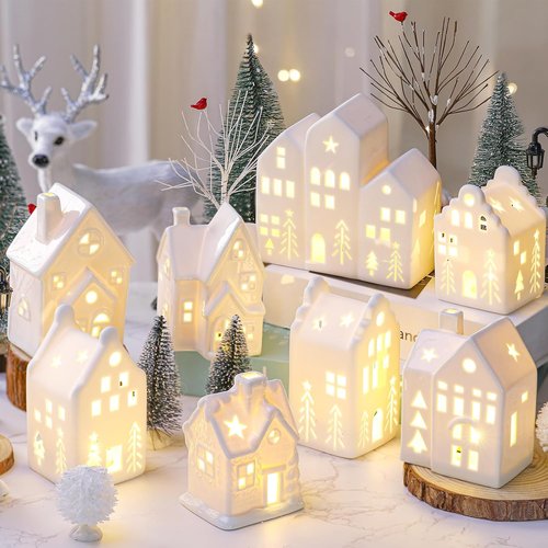 Cindeer 26-Piece Ceramic Christmas Village Set - 8 LED Houses & 16 Trees | Elegant Tabletop Decor