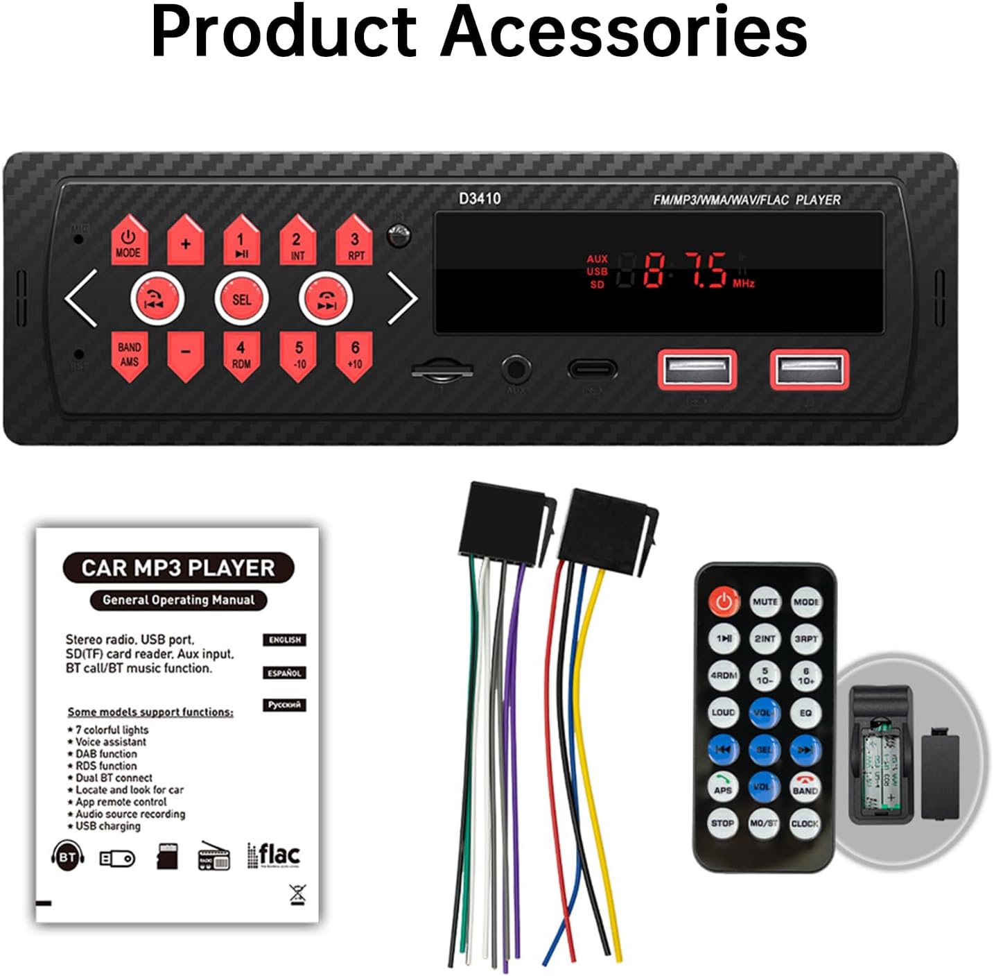 ePathChina 12V MP3 FM/MP3/WMA/FLAC/AUX/TF Car Audio Bluetooth Single DIN Stereo, LED Car Radio Player with Hands-Free
