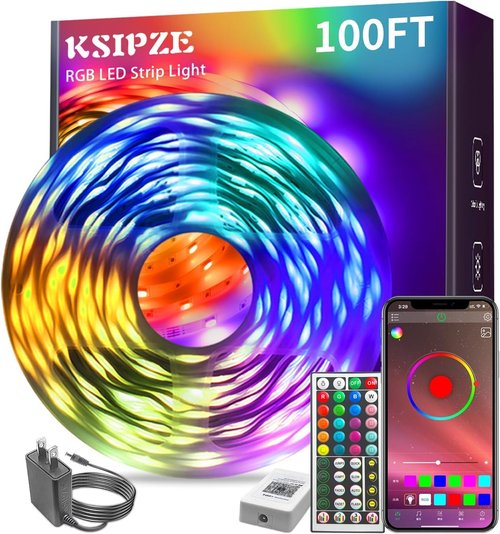 KSIPZE 100ft LED Strip Lights - RGB Music Sync Color Changing with Smart App Control | Flexible Home Décor