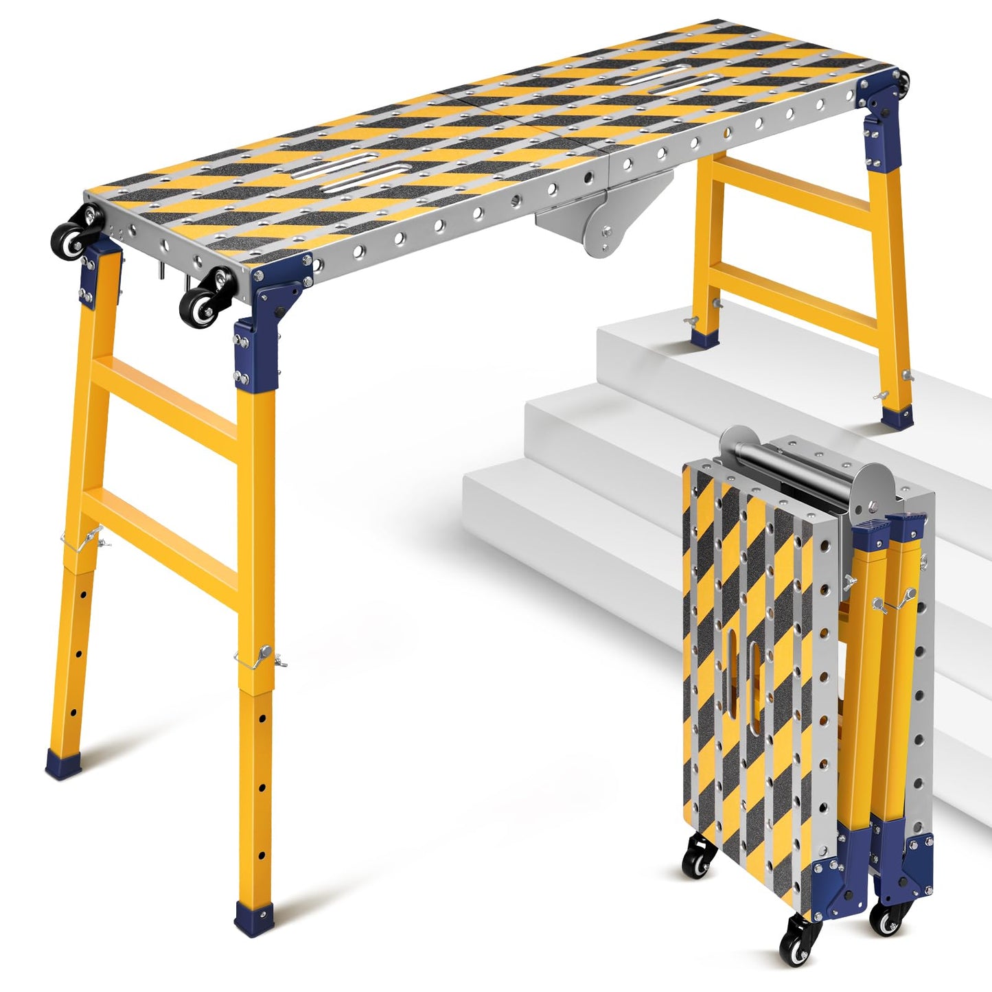 Work Bench+Step Ladder 2 in 1 with 1102 LBS Load Capacity, Versatile Portable Steel Folding Welding Table with Height 23 to 35 inches Adjustable Folding Portable Platform with Non-Slip Mat