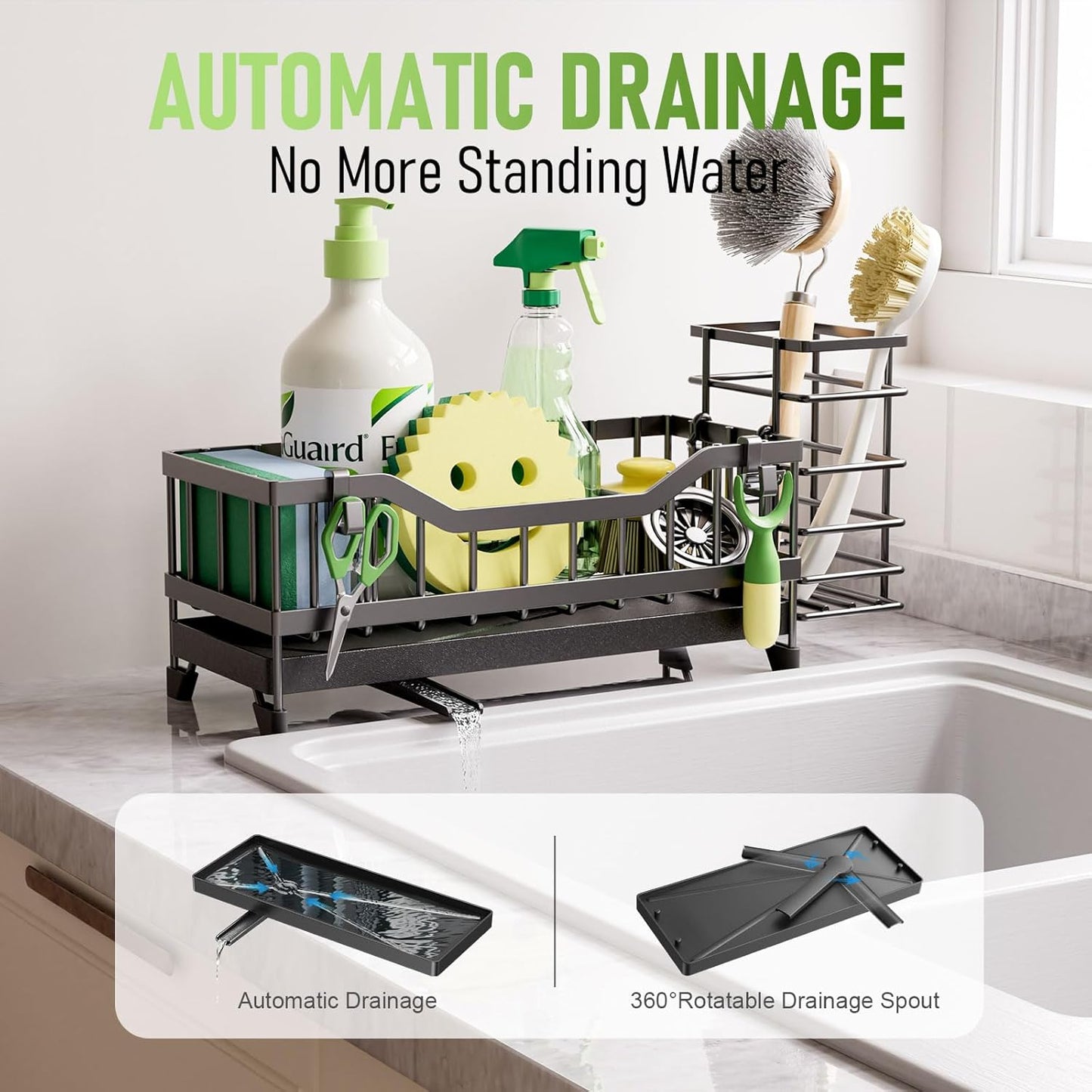 Skiennix Kitchen Sink Caddy - 304 Rustproof Stainless Steel Sponge Holder | Black Countertop Organizer