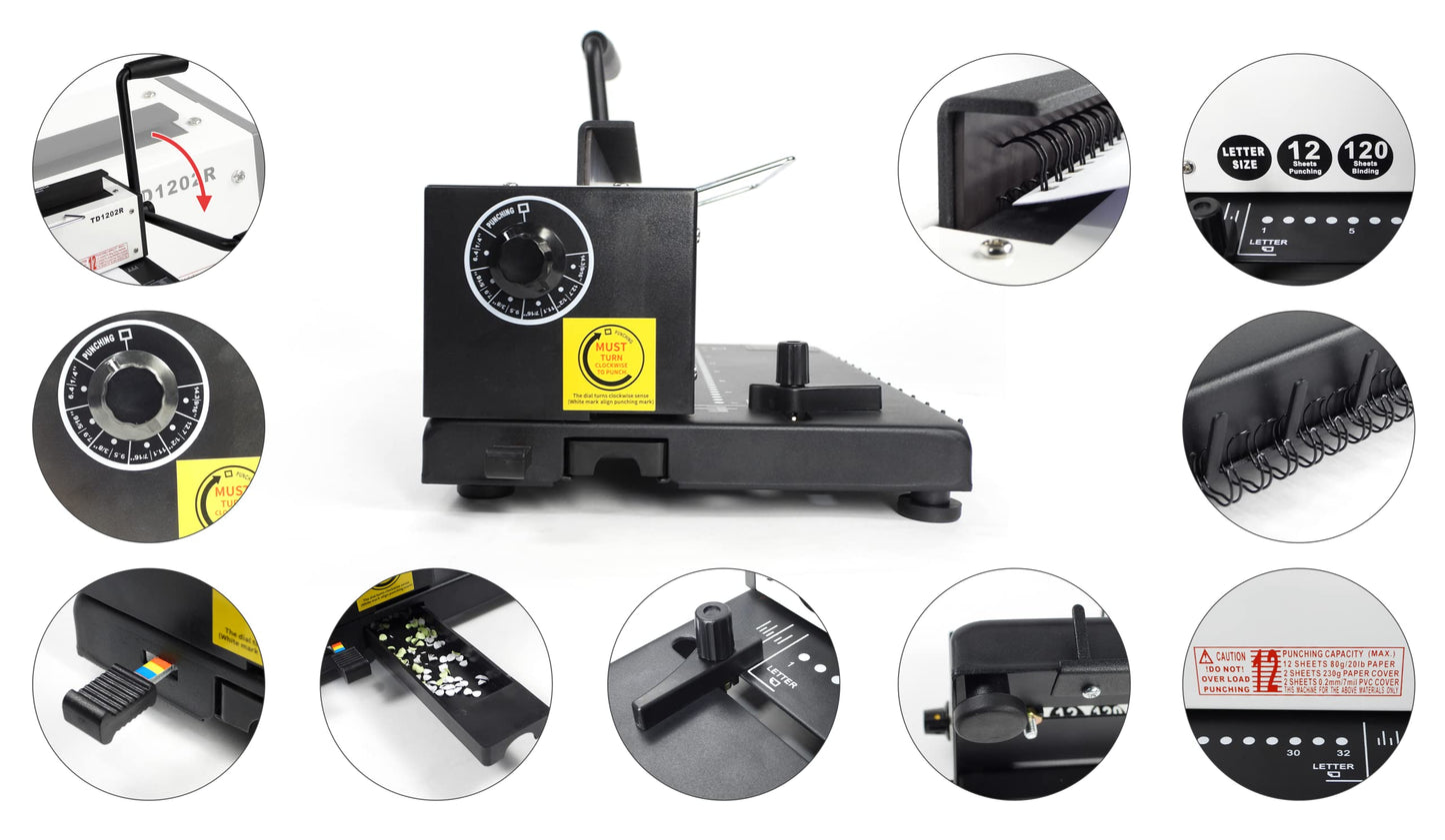 Rayson TD1202R Wire Binding Machine, 3:1 Pitch Round Hole Coil Binder Hole Punch, Compatible with Wire, Spiral, and Click Binding Spines, 32-Hole Punch, Punches 12 Sheets, Binds 120 Sheets