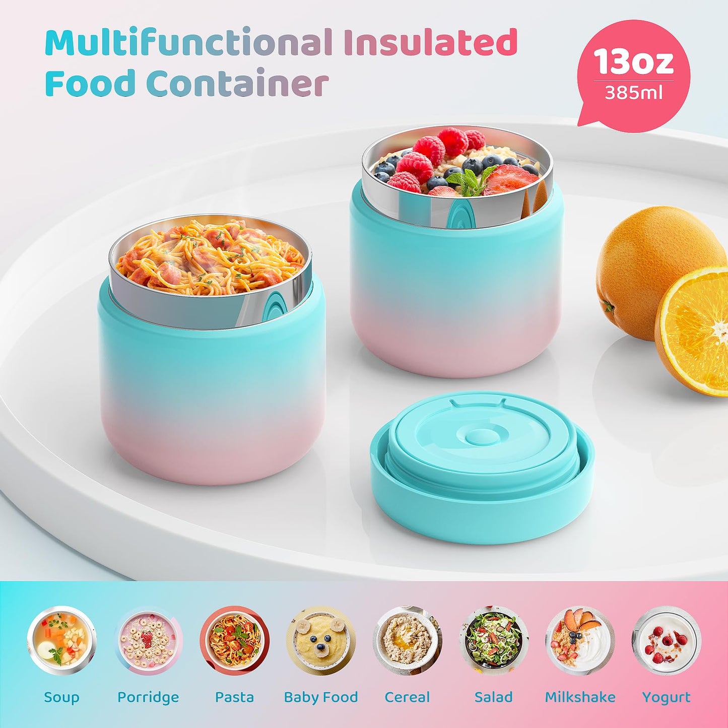 TIME4DEALS Kids Thermo Insulated Food Jar for Hot Food - 13.5oz Food Thermo for Kids Stainless Steel Lunch Containers Wide Mouth Leak Proof with Lids Airtight for Girls (Candy)