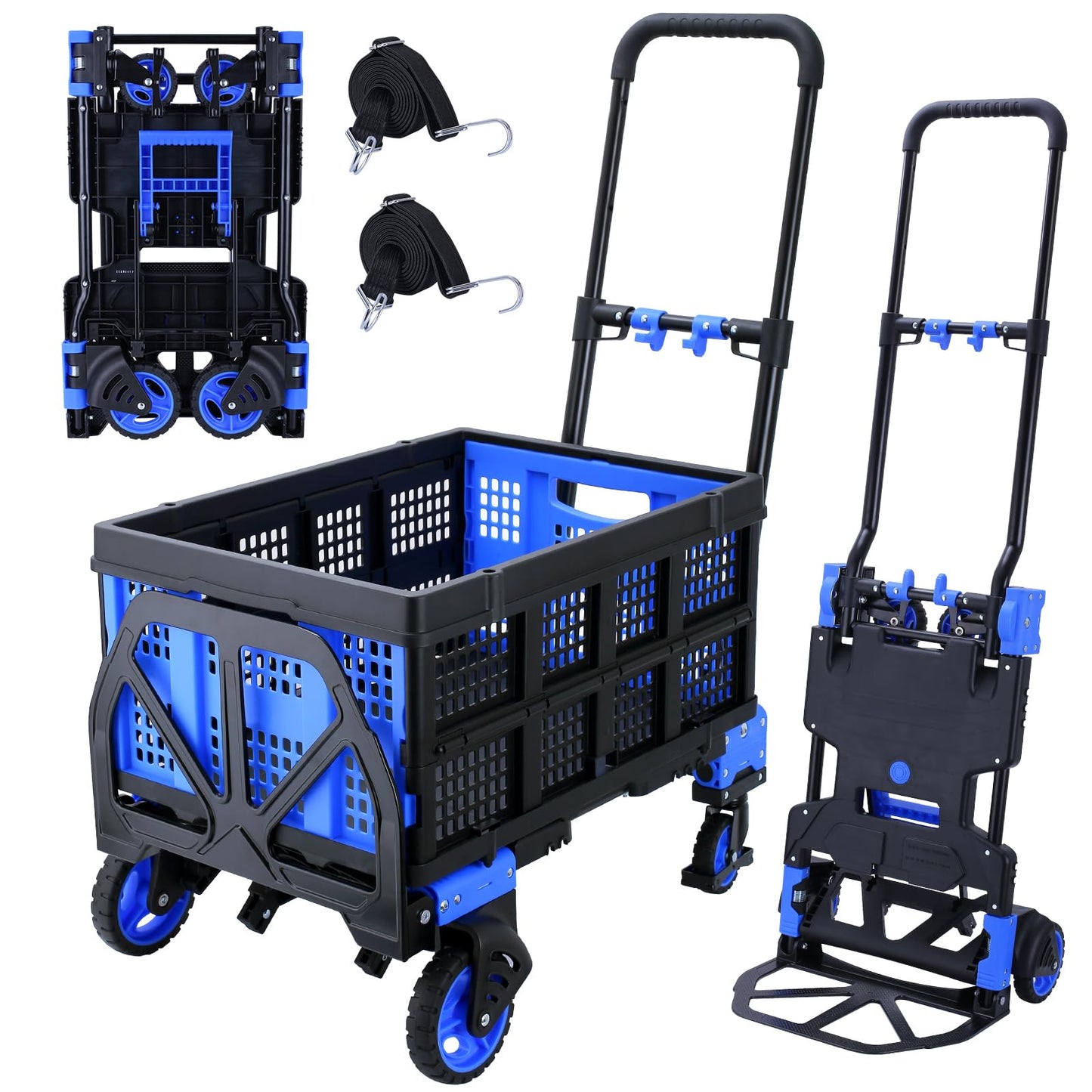 2-in-1Folding Hand Truck Dolly with Folding Basket, 330LBS Capacity Foldable Hand cart,Folding Dolly with Retractable Handle,Hand Truck Foldable with 4 Wheels for Moving