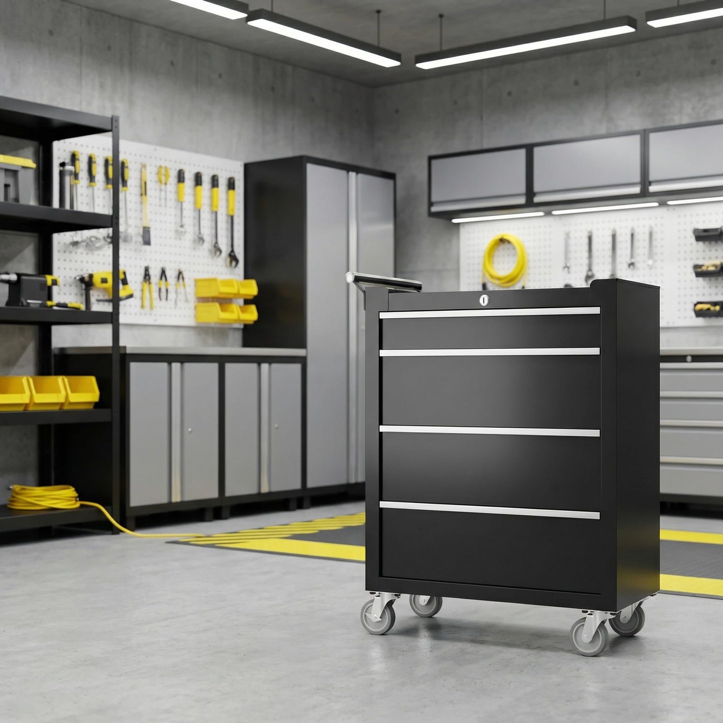 SierraSquad Rolling Tool Chest, 4-Drawer Tool Storage Cabinet, Tool Box with Wheels, Lock System and Drawer Liners, Tool Cart for Warehouse, Workshop and Repair Shop, Black