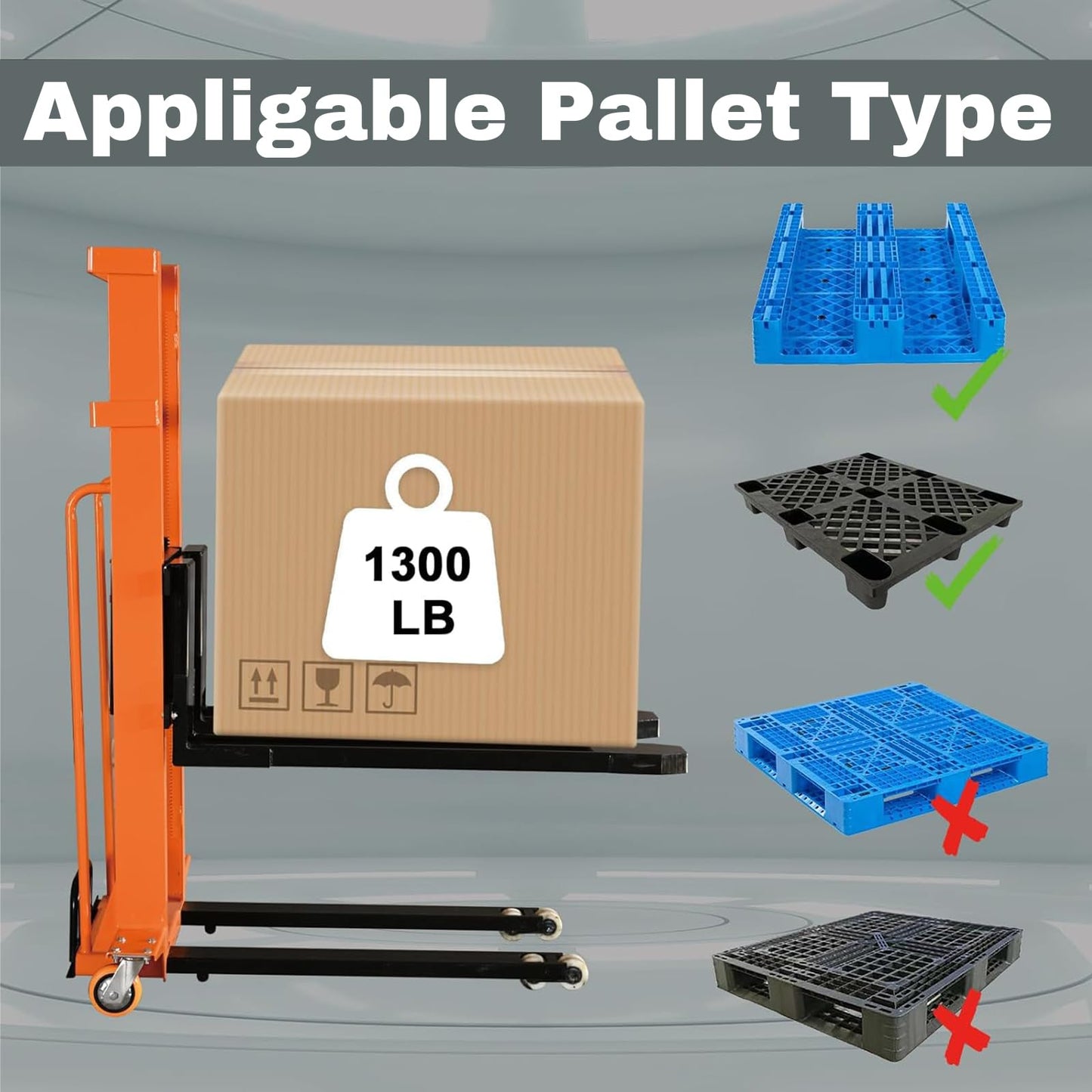 Electric Pallet Stacker Electric Forklift Capable of Boarding Trucks Pallet Lift 1300lbs Capacity 63" Lifting Height Material Lift with Fixed Legs