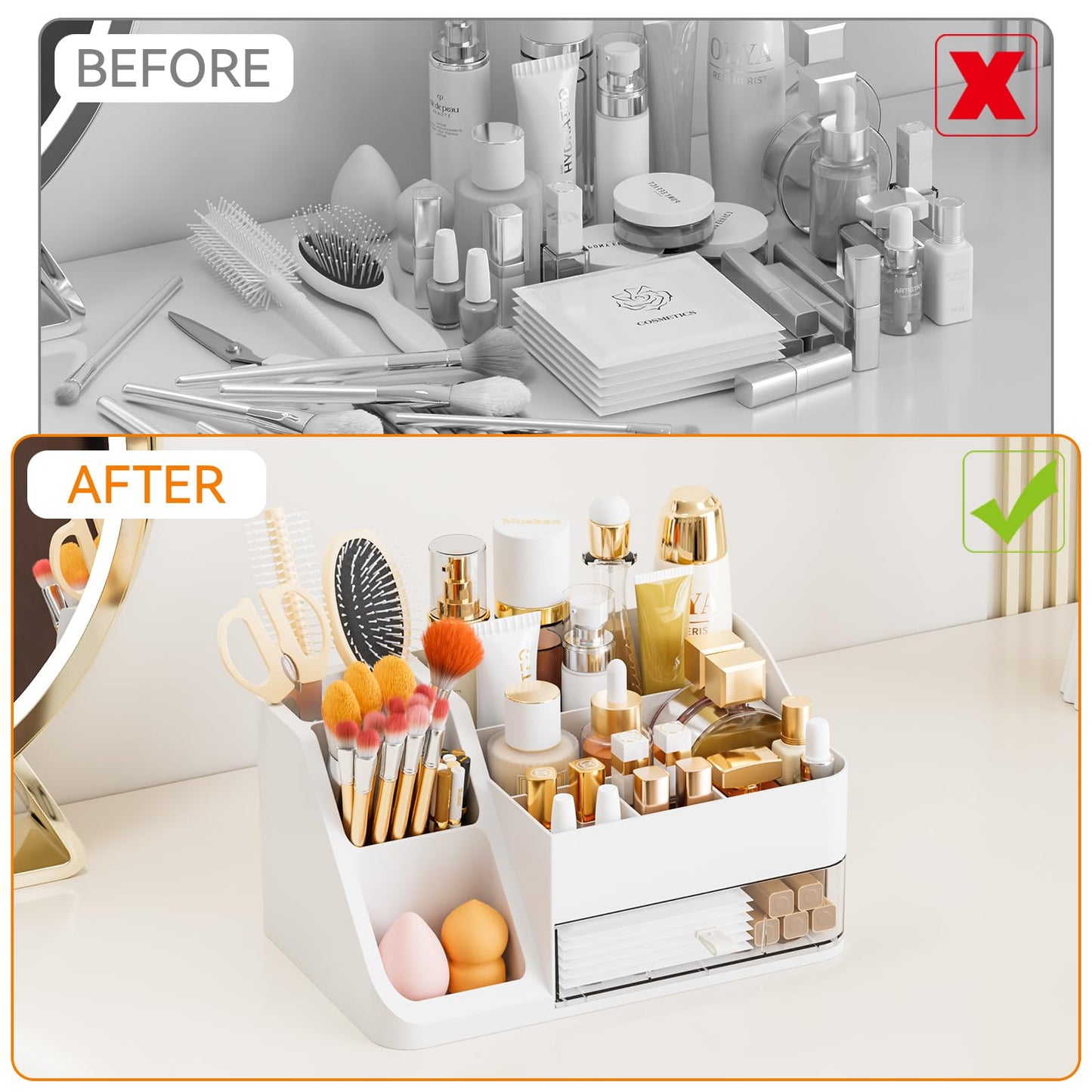 Yieach White Makeup Organizer Countertop,Large Cosmetics Storage Organizer for Make up Brush,Hair Products and Beauty Skincare Organizers,Plastic Makeup Holders and Organizers for Bathroom,Vanity,Desk