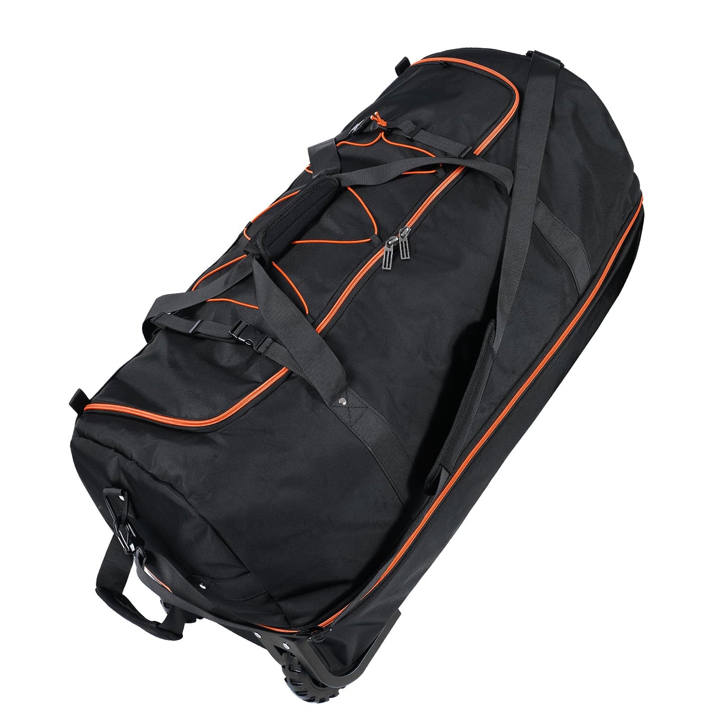 Vrtisa 110L Expandable to 140L 32” Foldable Oxford Soft-Sided Rolling Duffle Bag with 2 Heavy-Duty Wheels,2 Large Compartments,Adjustable Shoulder Strap and Attached Organizer Pouch,Black Orange