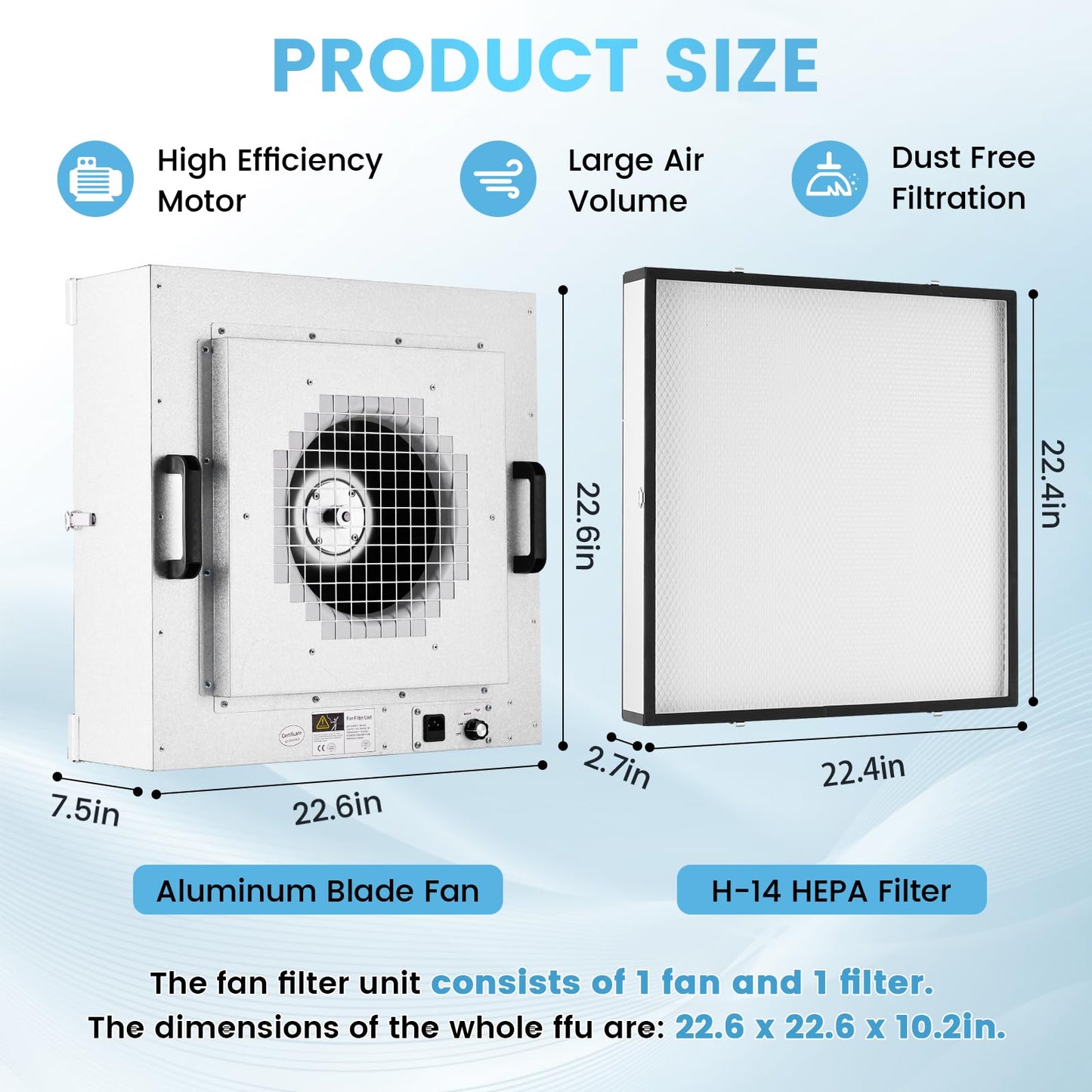 YJINGRUI Laminar Flow Hood, H-14 HEPA Filter with Safety Locks, Class 100/ ISO Class 5 Cleanliness, Fan Filter Unit 22.6x22.6in Flow Hood Mycology/Clean Room/Laboratory 110V