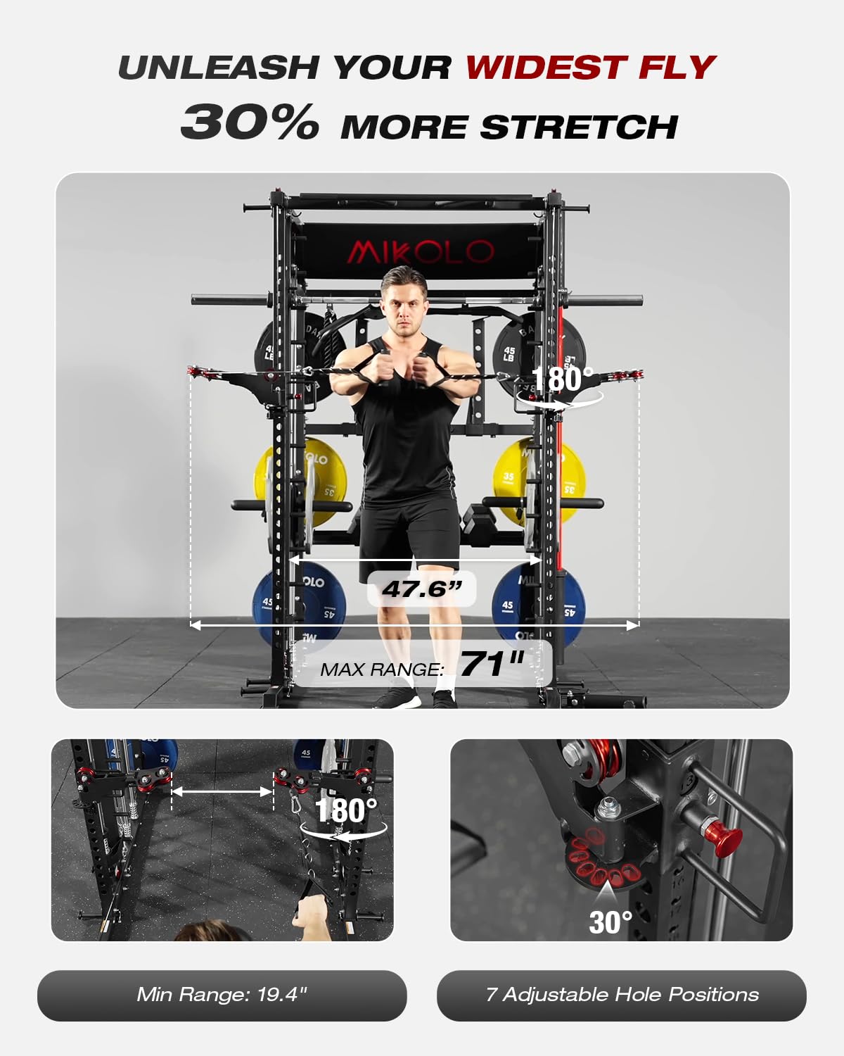 Mikolo Smith Machine, Multi-Function Power Cage with Dual Pulley System, Vertical Leg Press Attachment, Squat Rack Power Rack with More Training Attachment for Home Gym (M10 with Pivot Arm)