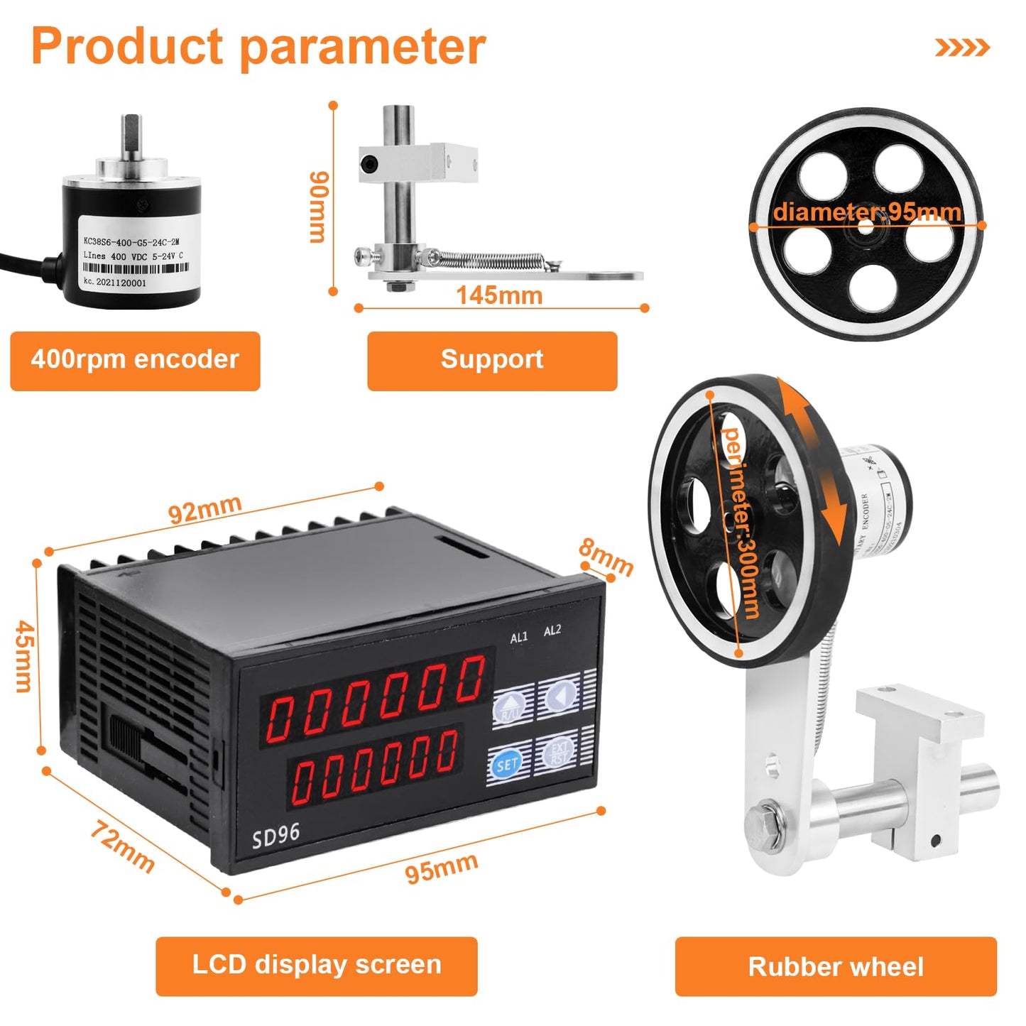 JIAWANSHUN Digital Length Meter Counter with Measure Wheel, Feet/Inch/Meter Selectable Units, 6-Digit Display 0-999999, AC 100-240V Input DC 12V Output