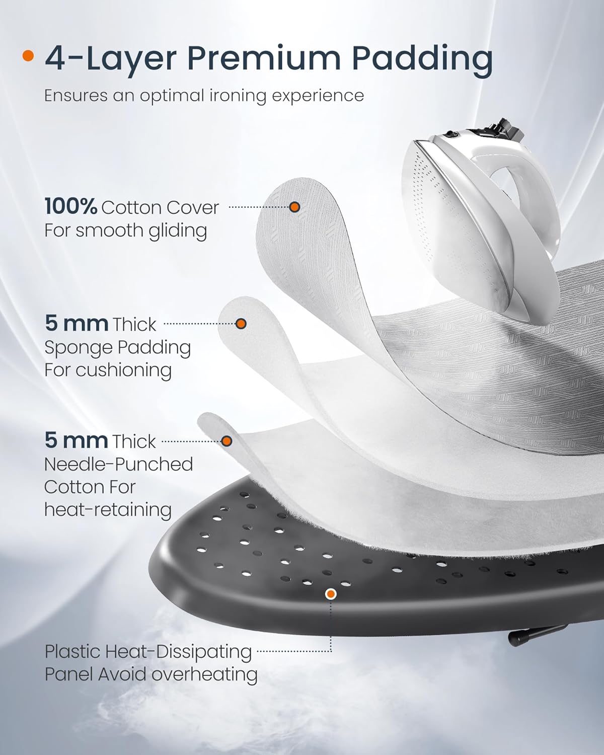 SONGMICS Ironing Board - Foldable & Height Adjustable Up to 35 Inches | 4-Layer Cover, Iron Rest & Hook, Dove Gray