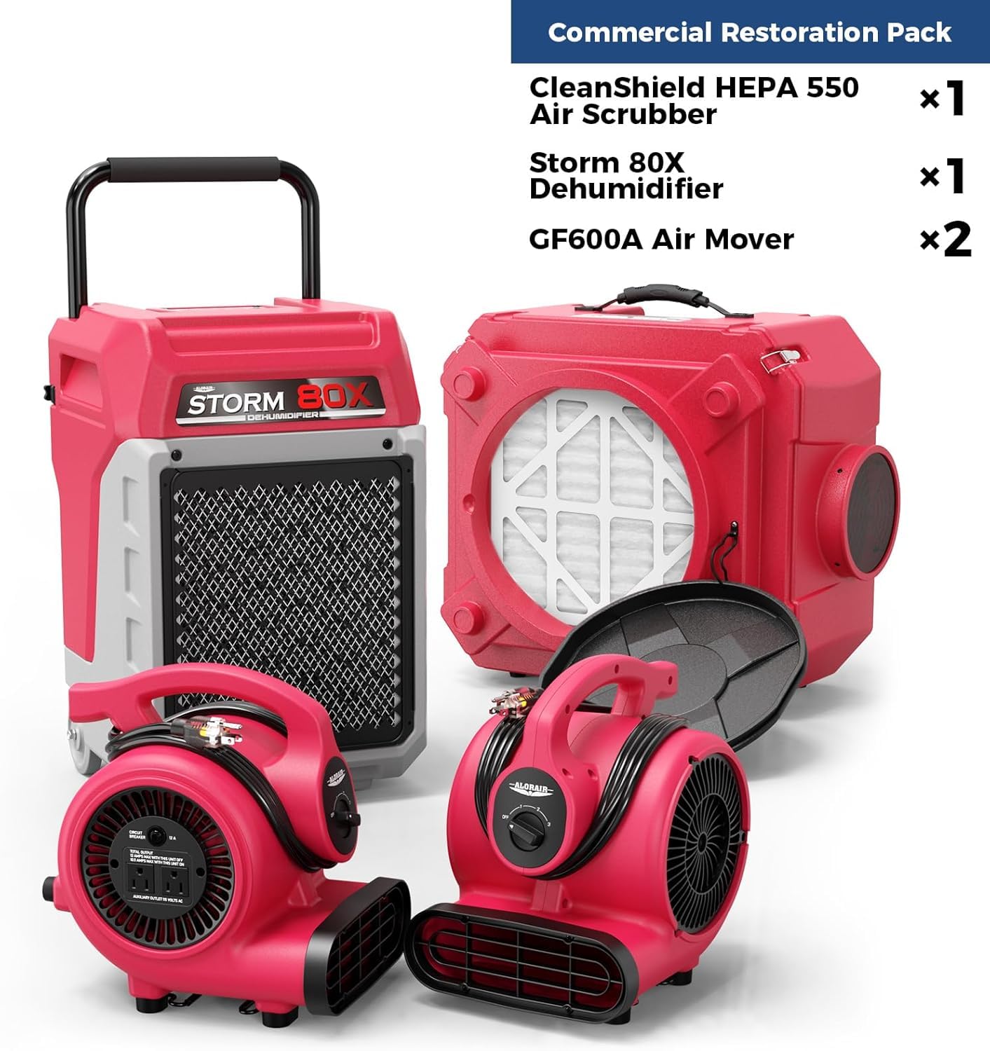 ALORAIR Water Damage Restore Pack with Commercial Dehumidifier, HEPA Air Scrubber, Air Movers for Flood Repair, Winter Storm Moisture Remove, Basement, Industrial Usage.