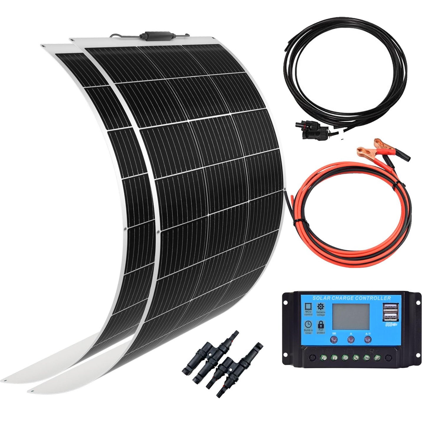 XINPUGUANG Solar Panel 12V 200W System Kit 100W Flexible Solar Panel Monocrystalline Battery Charger with Extension Cable 20A Charge Controller Power for RV Boat Cabin Car Trailer(200W-1)