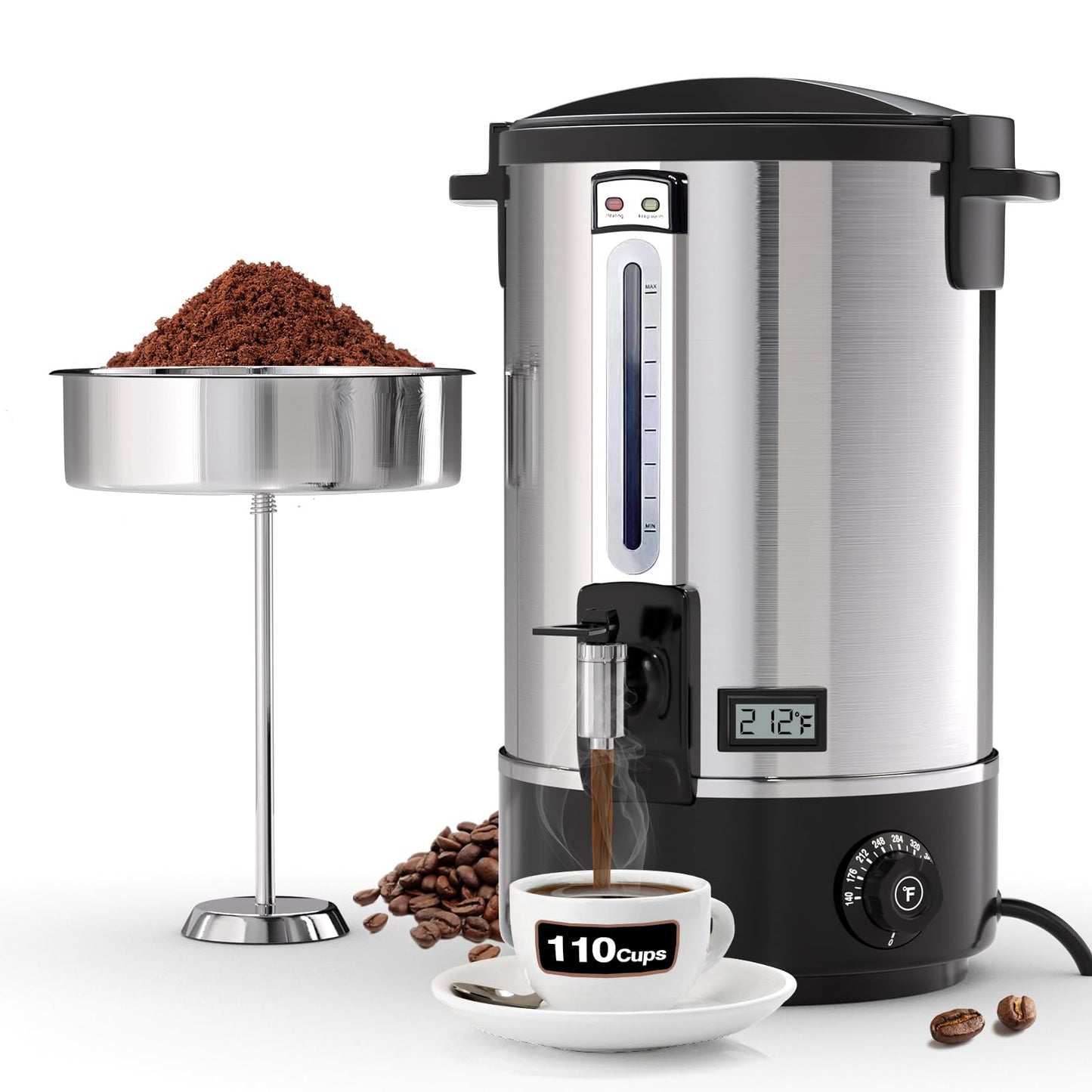 Nalison Commercial Coffee Urn, 110-Cup 16L Fast Brew Stainless Steel Hot Beverage Dispenser with Thermometer-Electric Hot Water Urn for Wedding, Party, Catering Events with Easy Cleaning(Double Wall)
