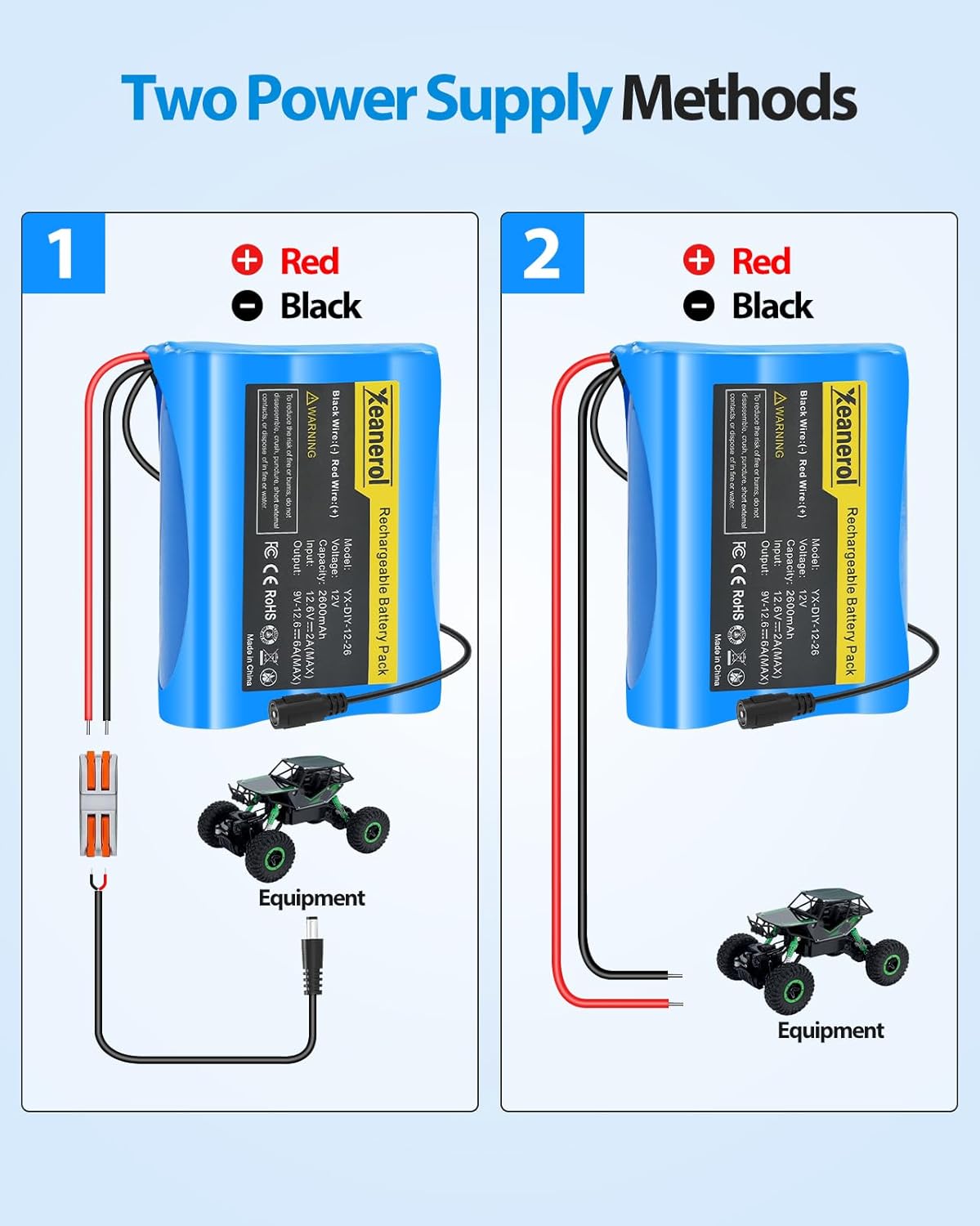 Xeanerol 12V 2600mAh Pack 12 Rechargeable Li-ion Battery with Charger, Bare Leads Wire Replacement Lithium Battery