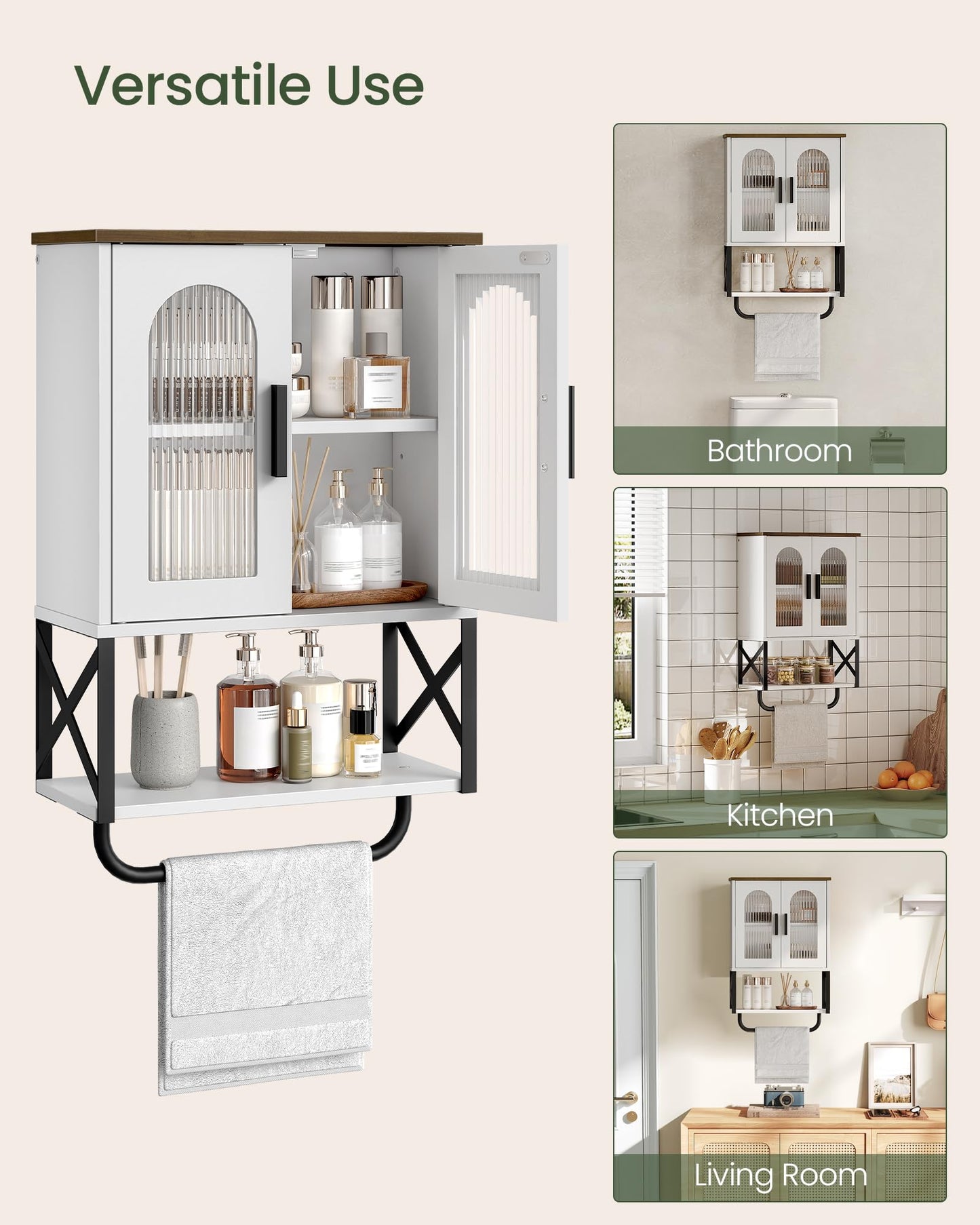 CHOEZON Bathroom Wall Cabinet, Medicine Cabinet with Adjustable Shelf and Towel Bar, Storage Cabinet Wall Mount with 2 Glass Doors, for Bathroom, Kitchen, Living Room, Dining Room, White and Walnut