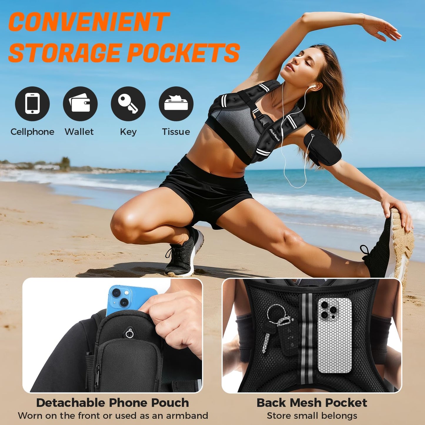 PICKPEAK Weighted Vest for Woman Man 5lb/6lb/8lb/11lb/12lb/13lb/15lb/20lb/25lb/30lb Weighted Vest for Walking, Strength Training Weight Vest with Adjustable Buckle Detachable Phone Pouch for Running Workout