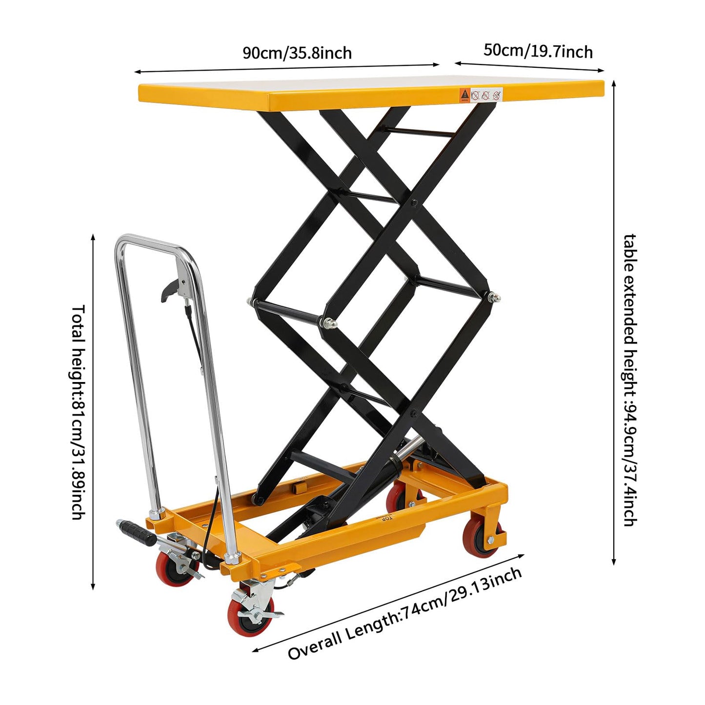 RYIRSHOH Hydraulic Lift Table Cart, 770lbs Capacity 49.6" Lifting Height, Double Scissor Lift Table Manual with 4 Locking Wheels for Material Handling & Transportation, Q235 Steel, Yellow