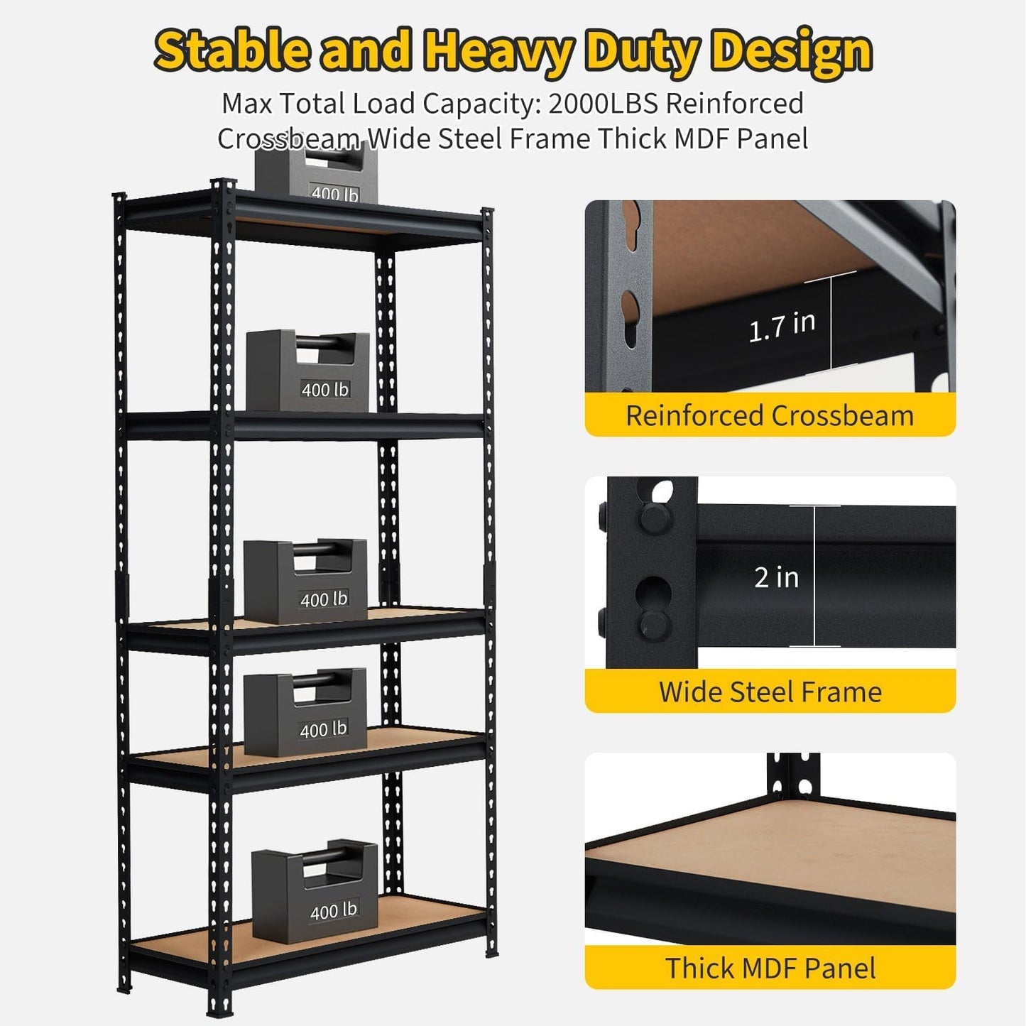 SierraSquad Heavy Duty Garage Storage Shelves, 5-Tier Metal Adjustable Shelving Unit with 2500 LBS Capacity, 35" L x 18" W x 72" H Storage Shelving for Kitchen Pantry Basement Bathroom Laundry