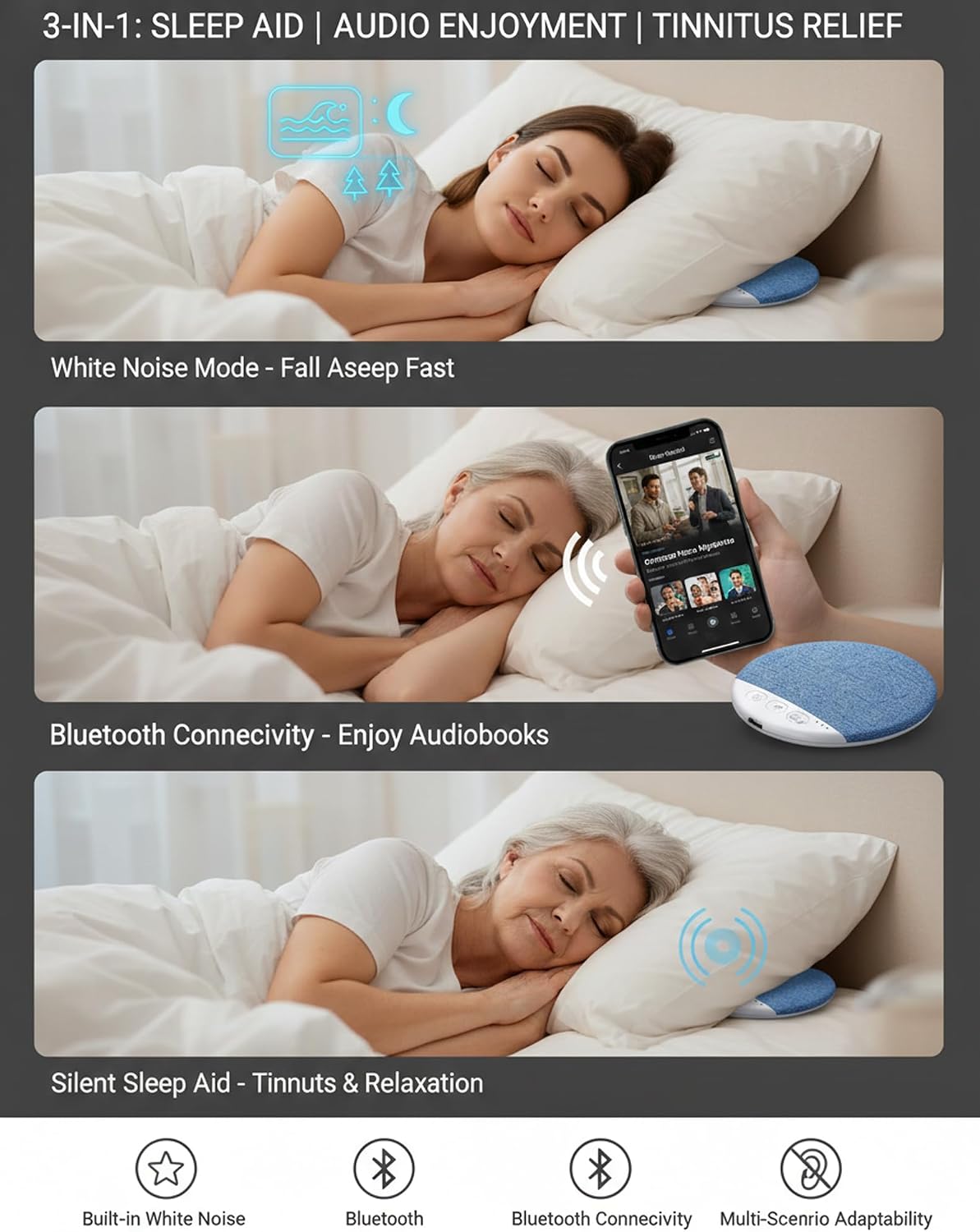 Generic 30/60/90min (1pc) Bluetooth Pillow Speaker for Sleeping - Ultra-Thin Bone Conduction Under Pillow Speaker