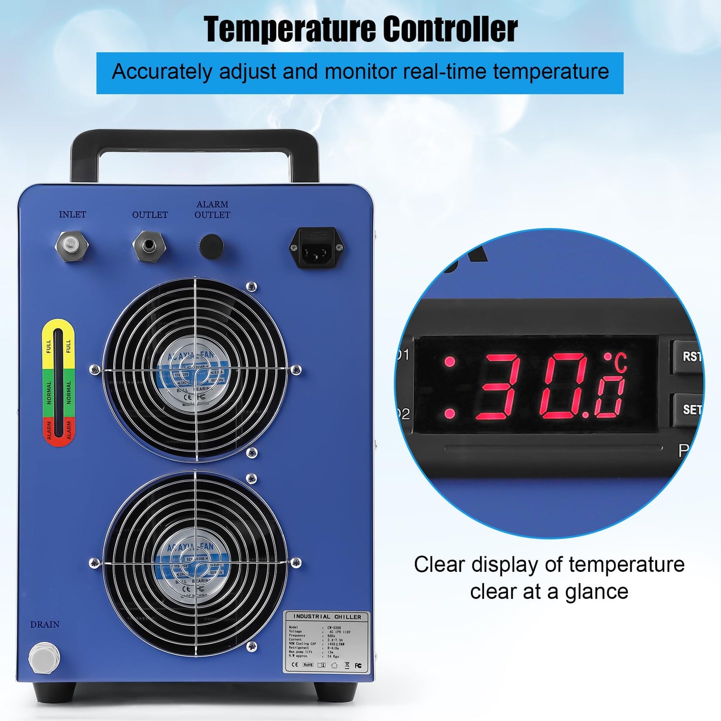6L Industrial Water Chiller CW-5200, 0.9HP 2.6gpm Water Cooling System for 50W-150W, CO2 Laser Engraving & Cutting Machines, Cools 5200 BTU/Hour