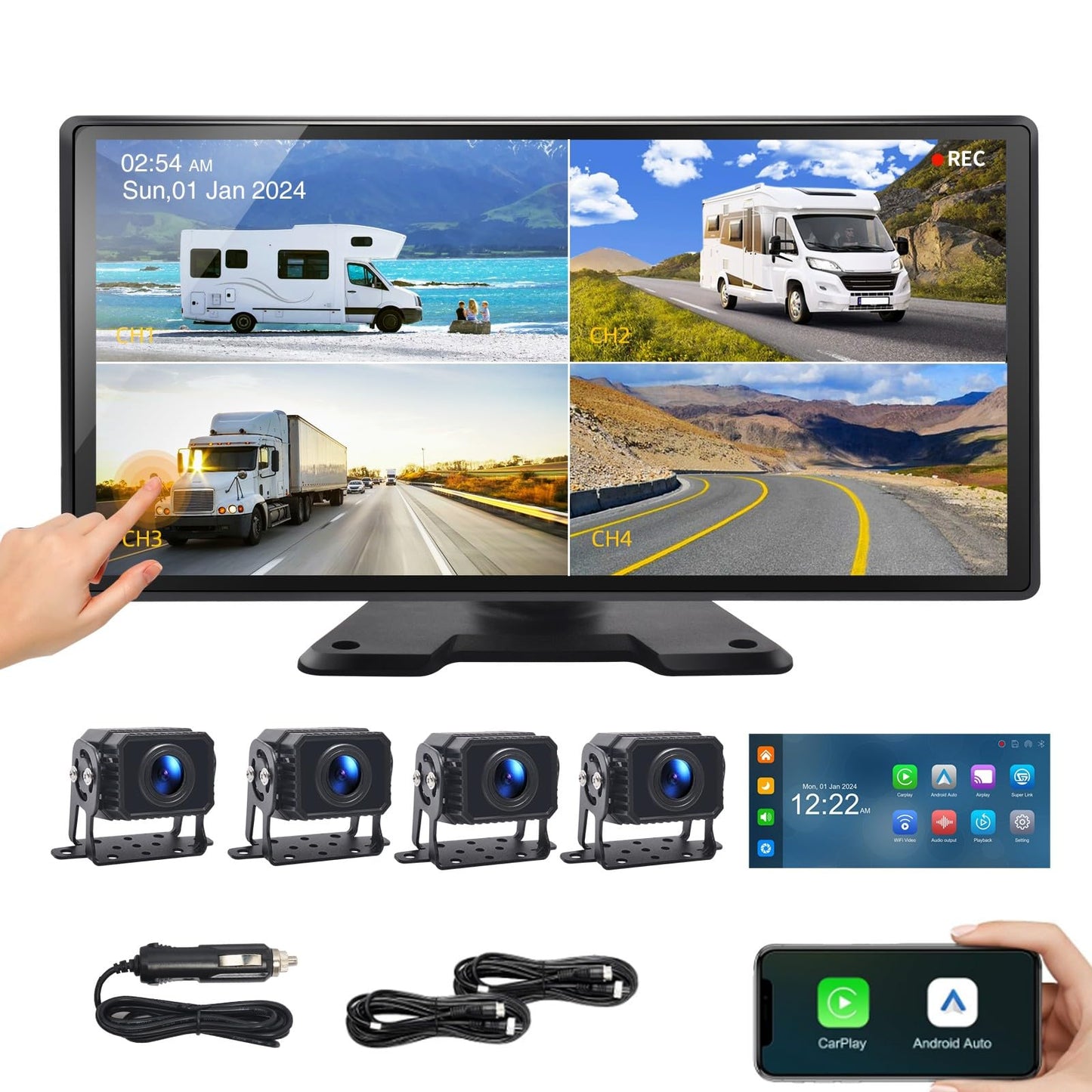 Semi Truck Camera System with Apple Carplay & Andriod Auto,Dash Cam for Semi Truck with 4-Channel 1080P RV Camera System,10.36" IPS Touchscreen, 360° All-Round Recording, 24H Parking Monitoring
