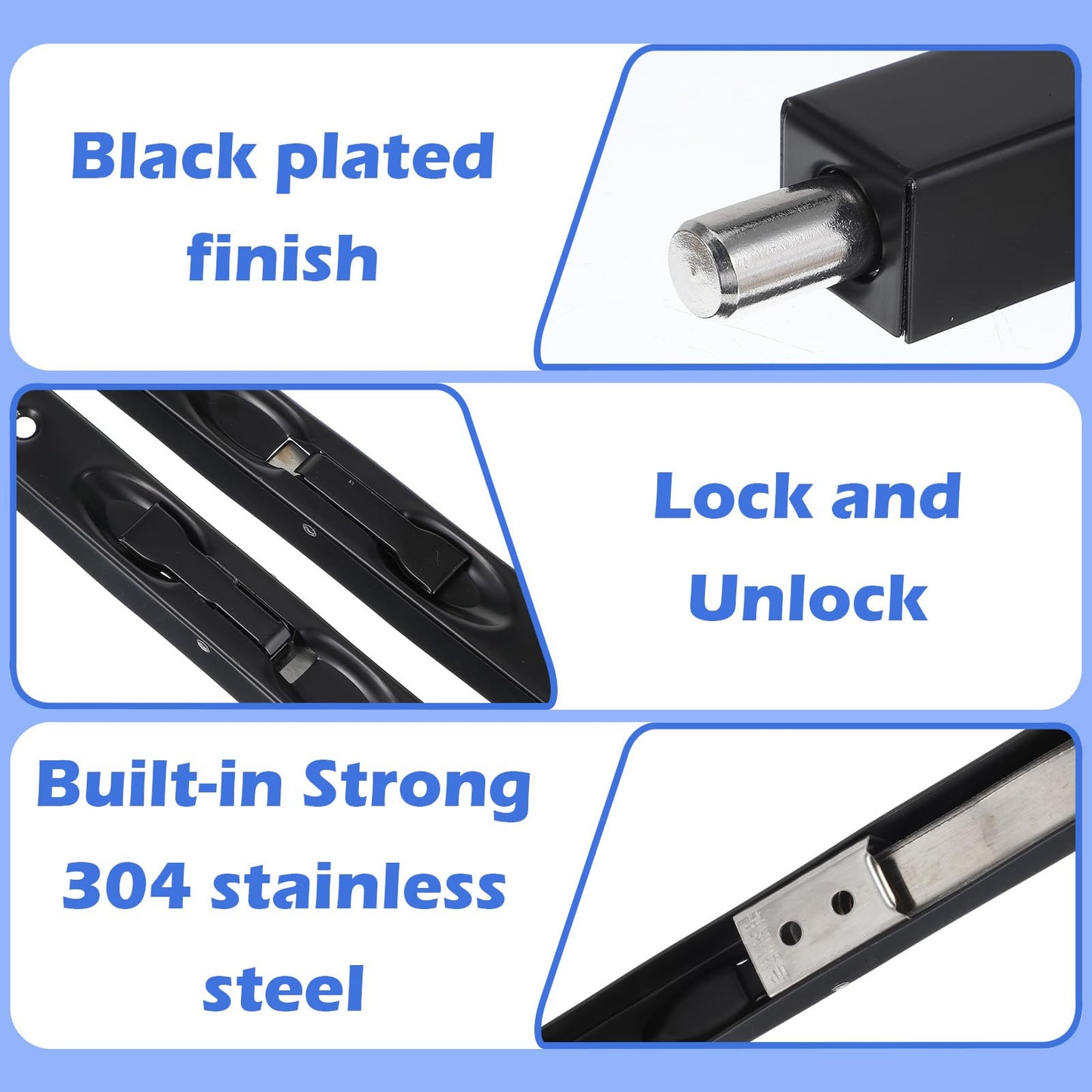 2 Pack Flush Bolt for Double Door, 8 Inch Stainless Steel French Door Lock with Three-Hole Plate and Screws, Flush Latch Bolts for Inactive Leaf Wood Double Dummy Doors(Black)