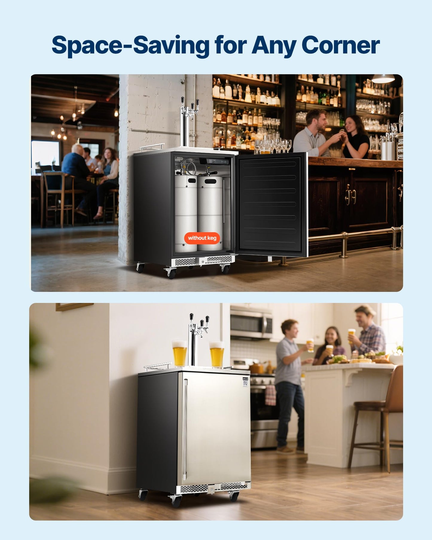 VEVOR Beer Kegerator, Triple Tap Commercial Draft Beer Dispenser for D system, Full Size Keg Refrigerator with 5lbs CO2 Tank, Hold 3 Sixth/2 Slim/3 Ball lock keg (3 taps - D system - stainless steel)