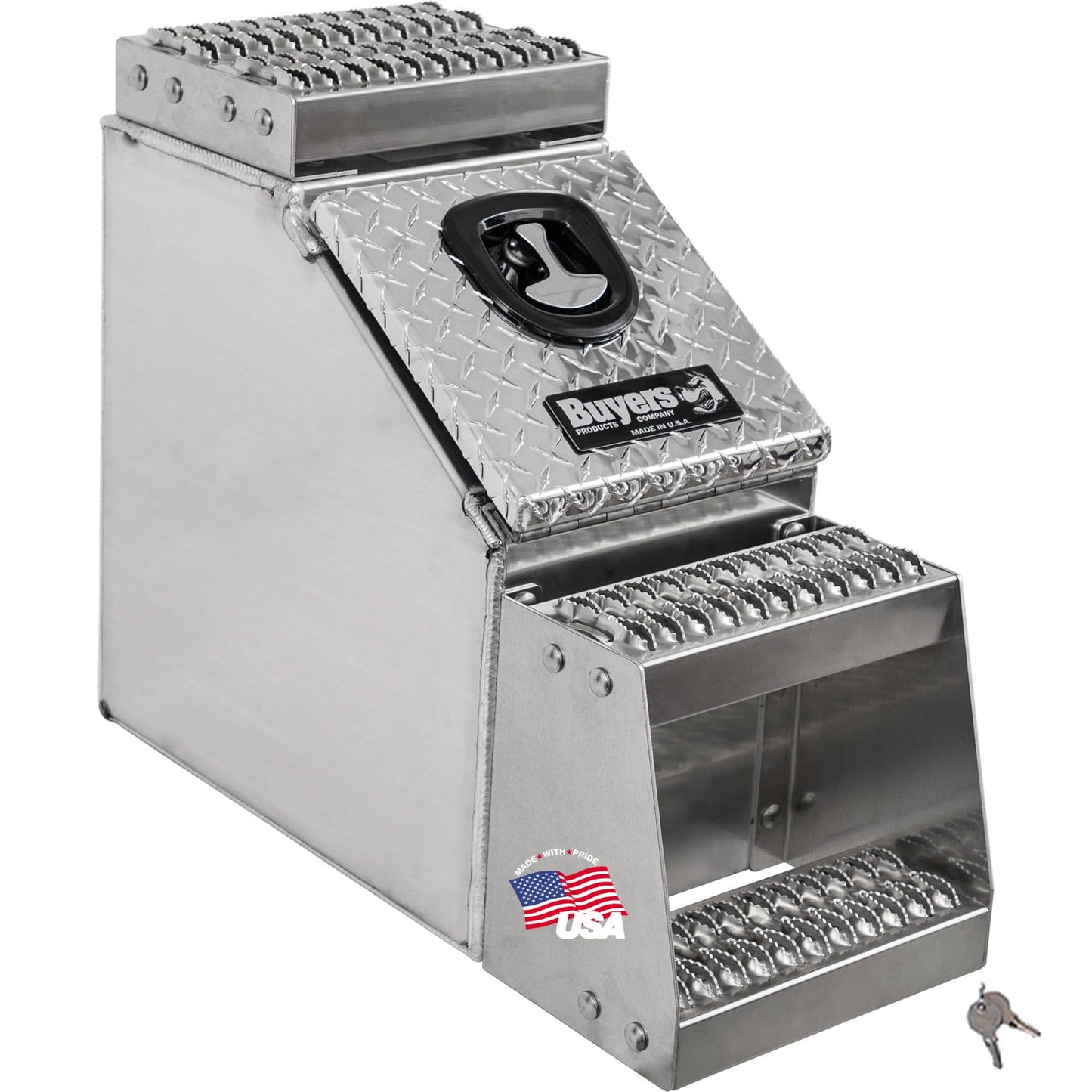 Buyers Products 1705180 Silver Diamond Tread Aluminum Heavy Duty Saddle Step Box, 24 x 28 x 12 Inch, Frame Steps With Built In Side Storage, Locking Die-cast Compression Latch, Semi-Truck Tool Box
