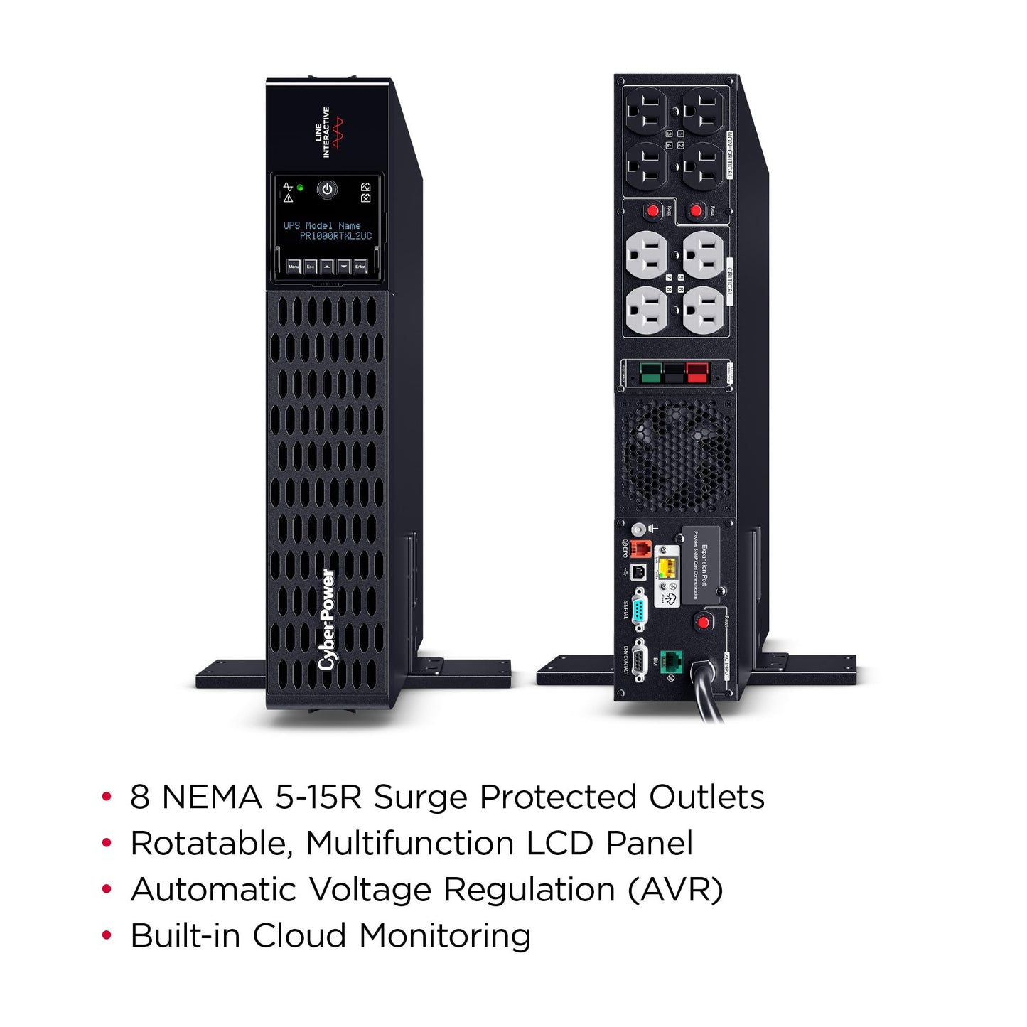 CyberPower PR1000RTXL2UC Smart App Sinewave UPS Battery Backup and Surge Protector, 1000VA/1000W, 8 Outlets, 2U Rack/Tower, AVR, Built-In Cloud Monitoring, EBM Option, UL Certified