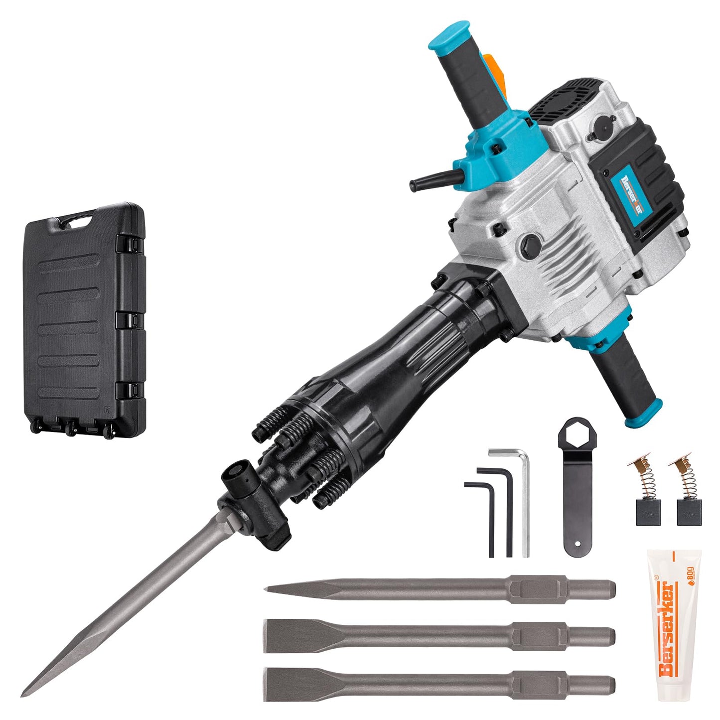 Berserker 50-Pound Demolition Jack Hammer with 4 pc. 1-3/16" Hex Chisels (Point & Flat Tips)