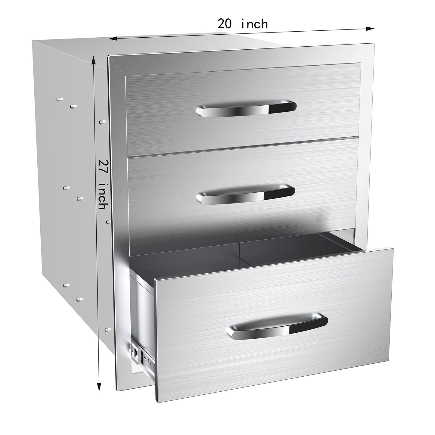 KODOM 20''W x 27''H x 23''D Outdoor Kitchen Triple Access Drawers Stainless Steel, Flush Mount BBQ with Handles BBQ Island for Outdoor Kitchens or Patio Grill Station