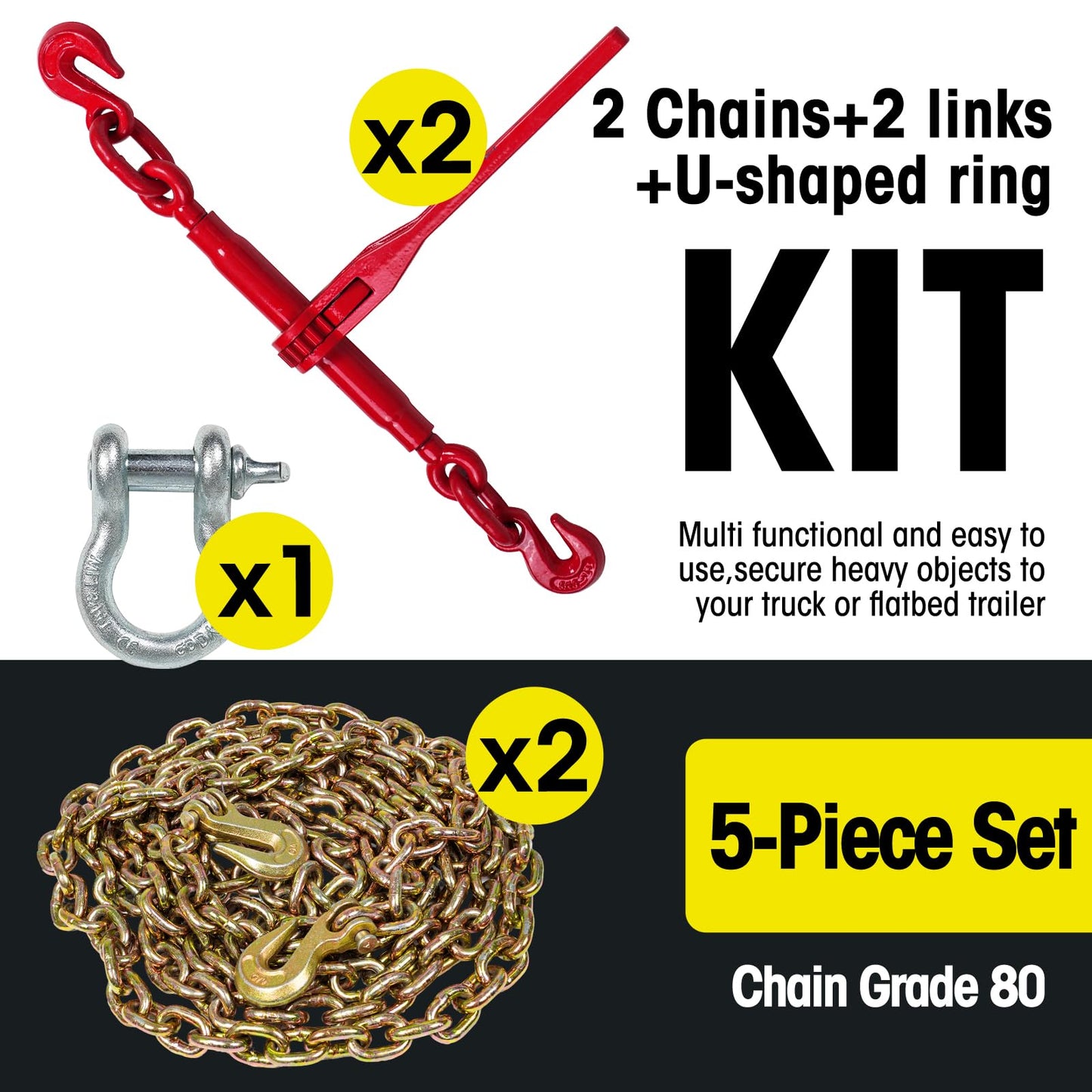 Elevango 3/8-1/2in Chain & Binder Kit, 8818lbs Strength, G80 Chains for Truck, Tie Down, Hauling, Towing