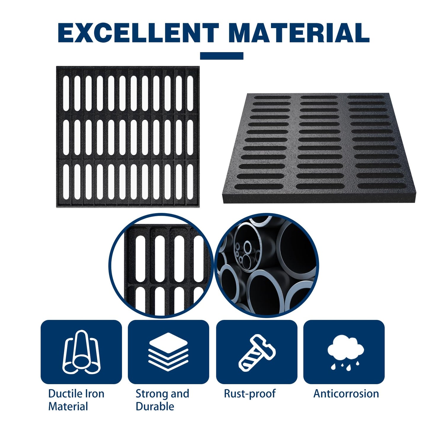 Cast Iron Drain Grate, 24 * 24in Outdoor Drain Cover, B125 Class Ductile Iron Channel Drainage Grates, Heavy Duty Sewer Grate,Black Square Drain Grate for Yard,Driveway,Concrete Floor.