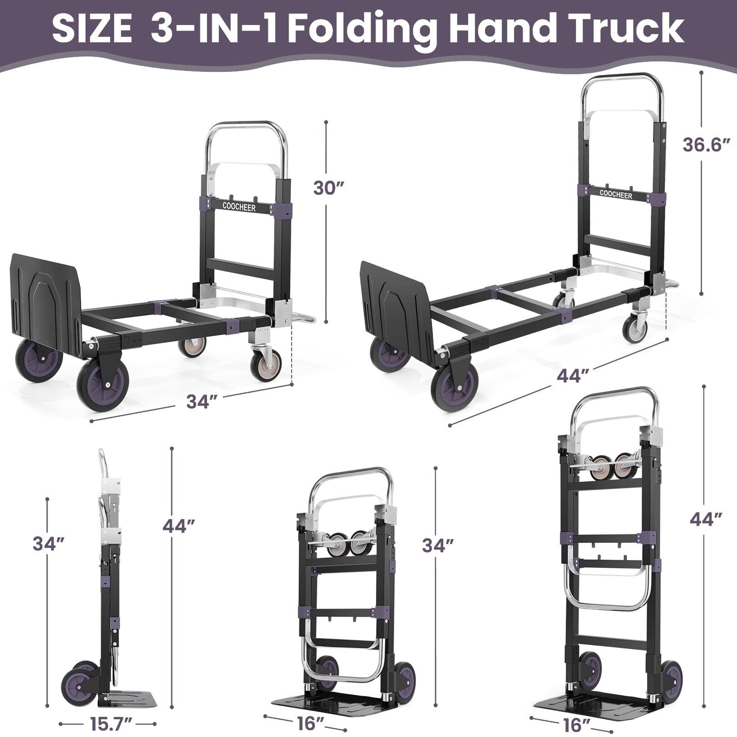 3-in-1 Convertible Heavy Duty Folding Hand Truck Dolly, 600LB Capacity with Rubber& Wheels Telescoping Handles, Portable Collapsible Cart for Warehouse, Supermarket, Office (Black)