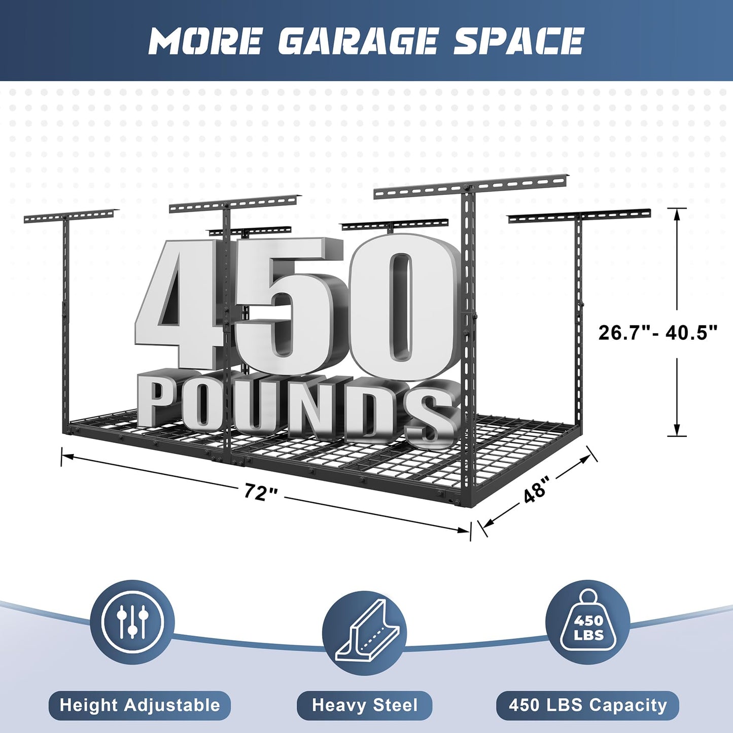 Jusgym 4X6FT Overhead Garage Storage Rack, 26"-40" Height Adjustable Garage Ceiling Storage Racks, Heavy Duty Metal Overhead Storage Organizer System, 450LBS Weight Capacity