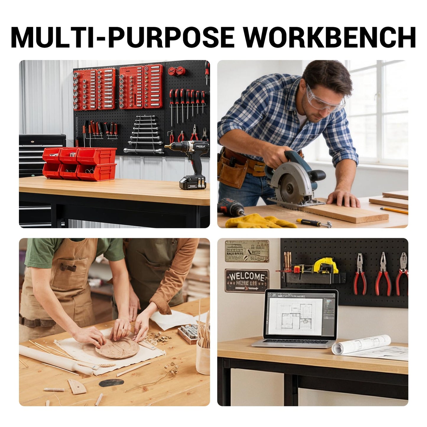 48" Adjustable Workbench with Power Outlets, Work Table for Garage, 2000 LBS Capacity Hardwood Work Bench, Heavy Duty Table for Workshop, Office, Garage, Home