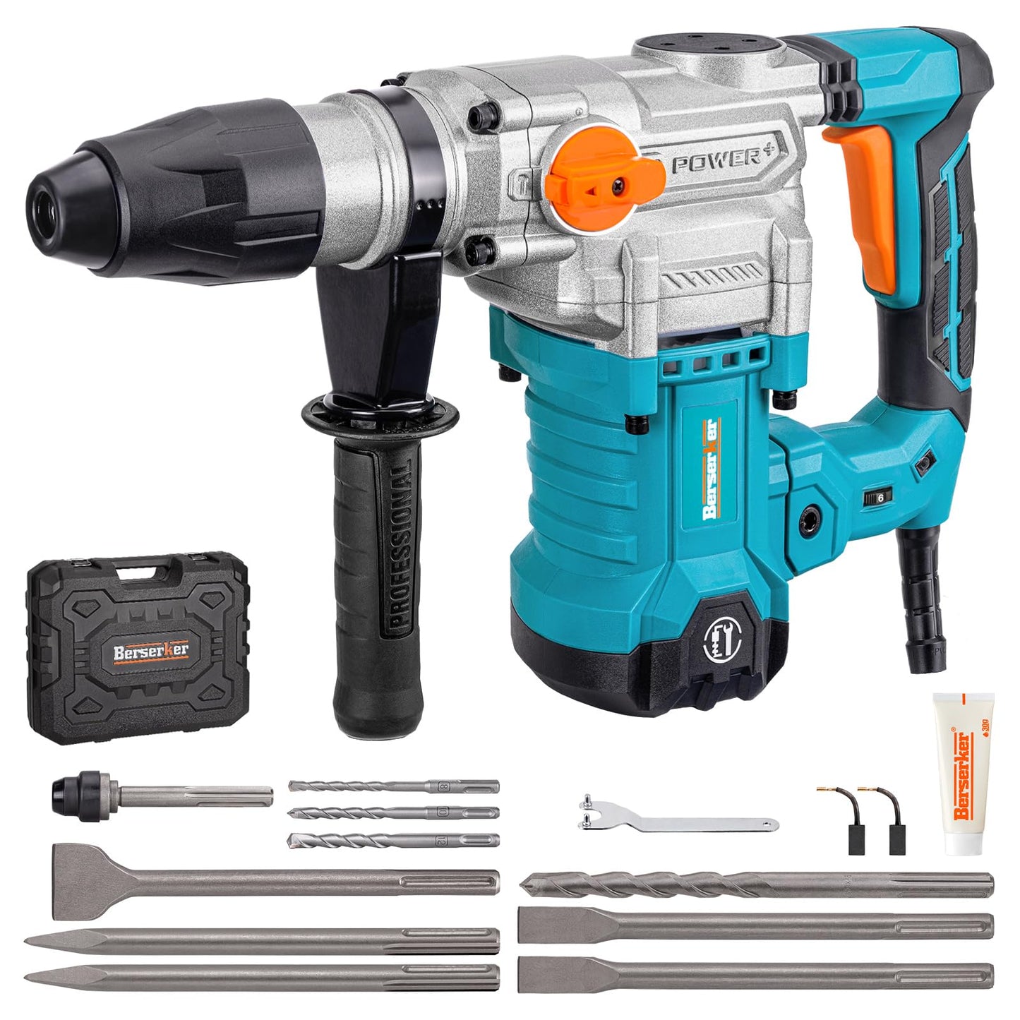 Berserker 1-9/16" SDS-Max Heavy Duty Rotary Hammer Drill with 3 pc. SDS Max Chisel Set with Point Chisel, Flat Chisel & Scaling Chisel, Masonry Concrete Tile Removal Bits