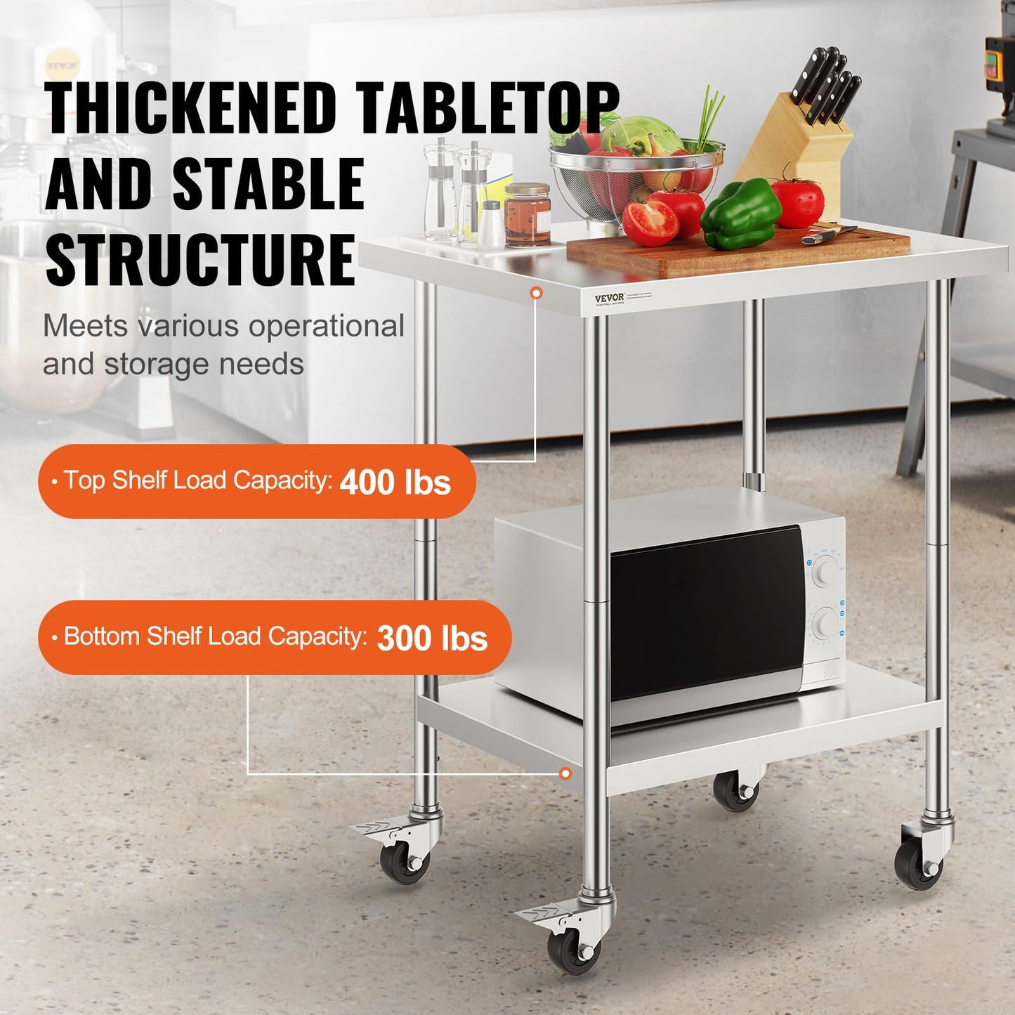 VEVOR Stainless Steel Work Table 24 x 30 x 38 Inch, with 4 Wheels, 3 Adjustable Height Levels, Heavy Duty Food Prep Worktable for Commercial Kitchen Restaurant, Silver