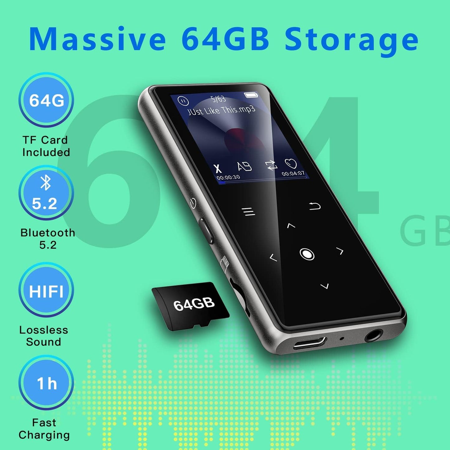 AiMoonsa 64GB MP3 5.2, Player with Bluetooth Music Player with Built-in HD Speaker, FM Radio, Voice Recorder, HiFi