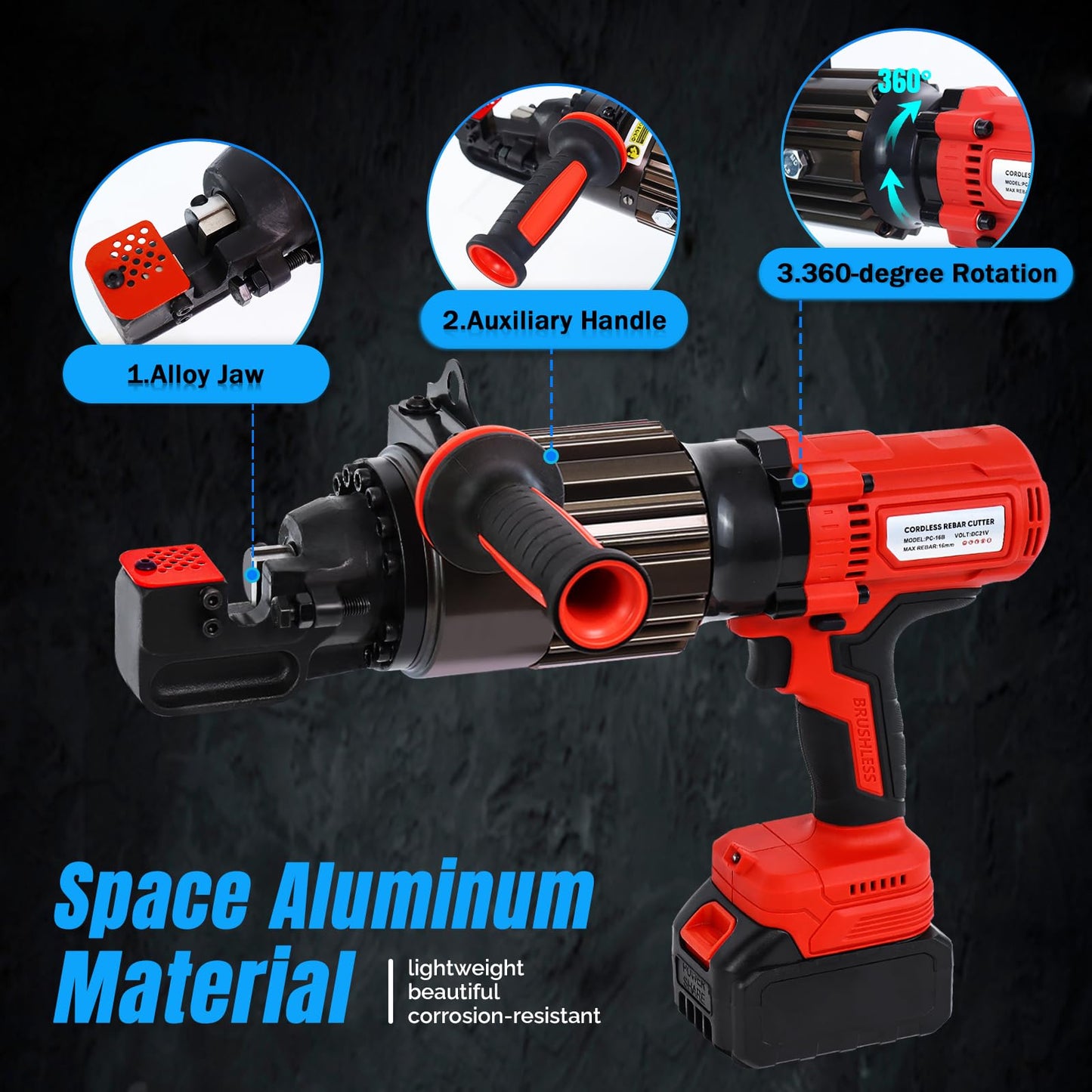 LOSCHEN 360-degree Rotation Cordless Rebar Cutter,Portable Handheld Rebar Cutting Saw,Electric Hydraulic Rebar Cutter,Cutting up from 3/20" #3 to 5/8" #5 (4-16mm) Rebar (Li-ion Battery Version)